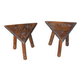 Pair of triangular turned wood stools or harnesses