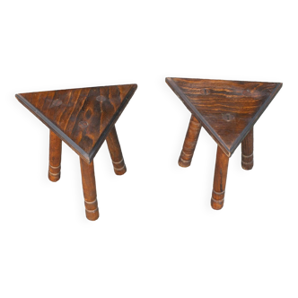 Pair of triangular turned wood stools or harnesses
