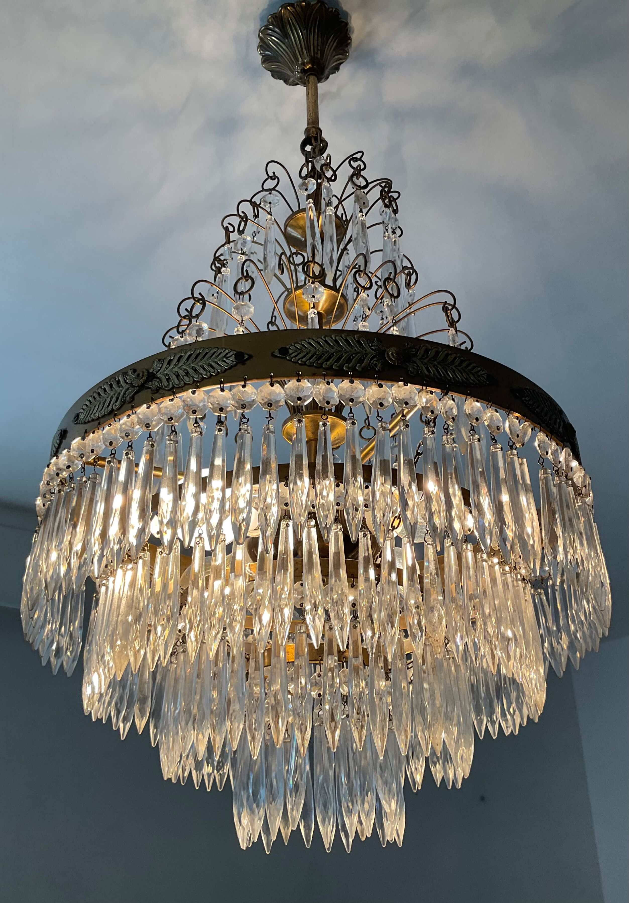 Old Crystal Grapevine Waterfall Chandelier and Solid Bronze Frame