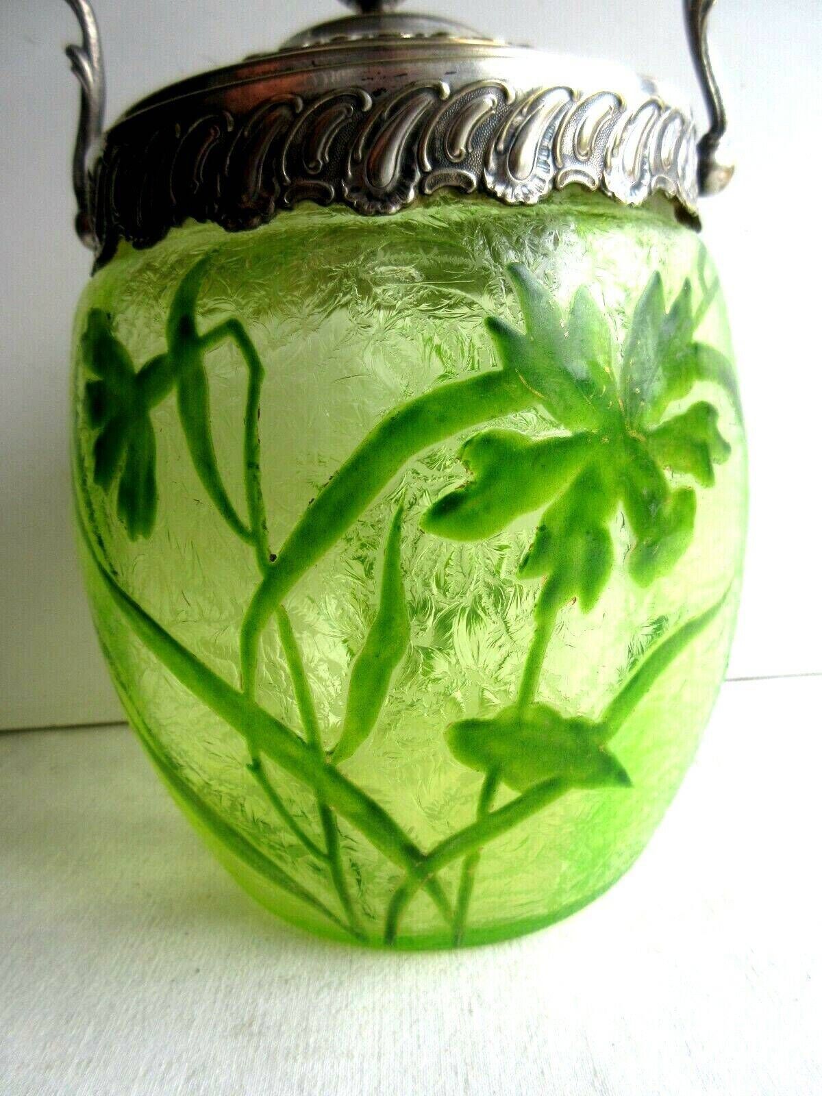 19th century biscuit bucket, legras enameled glass, acid-free eyelets, signed wmfm
