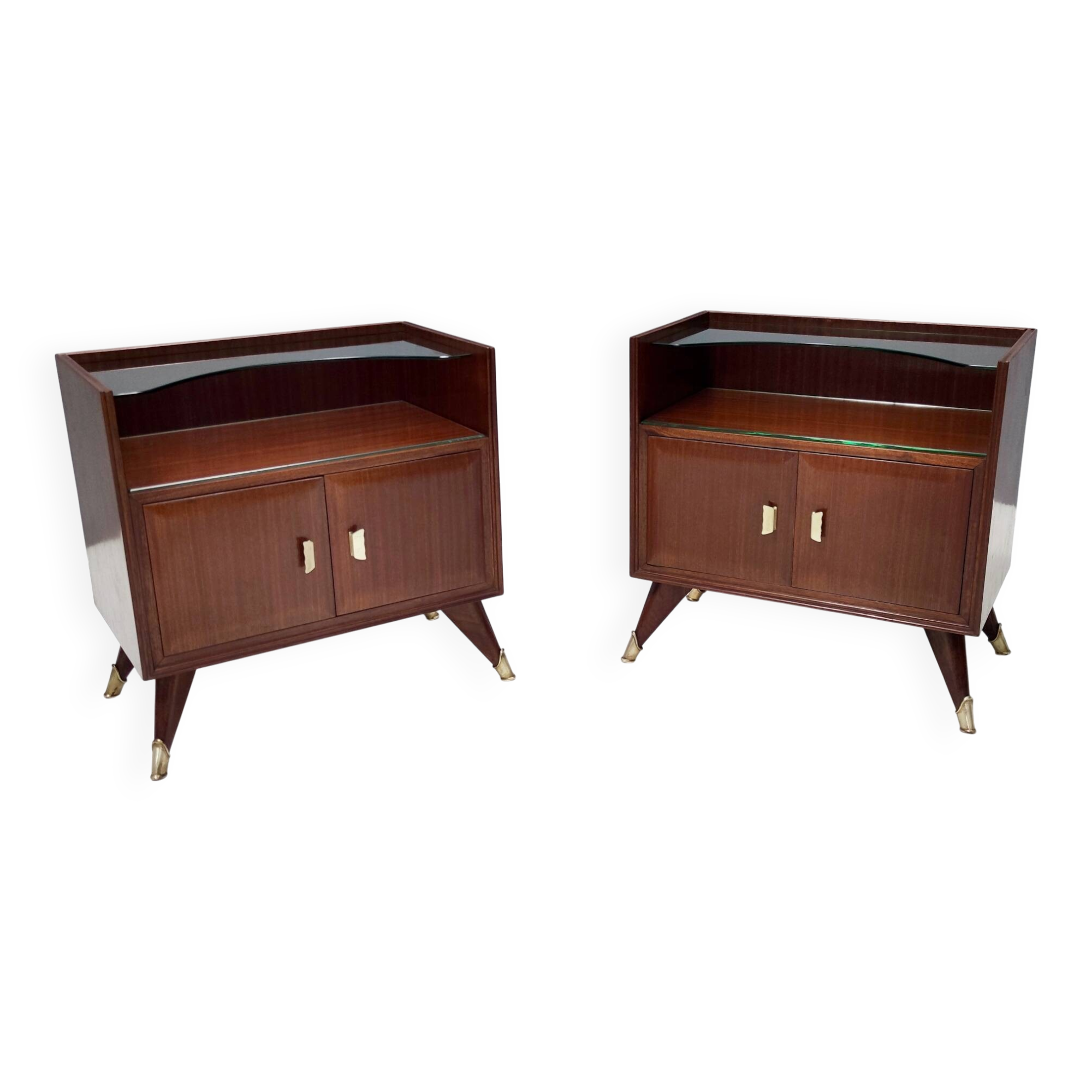 Pair of Elegant Walnut Nightstands with a Crystal Top Shelf
