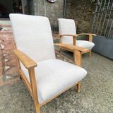 Paire de fauteuils vintage en bouclette beige, 1950
