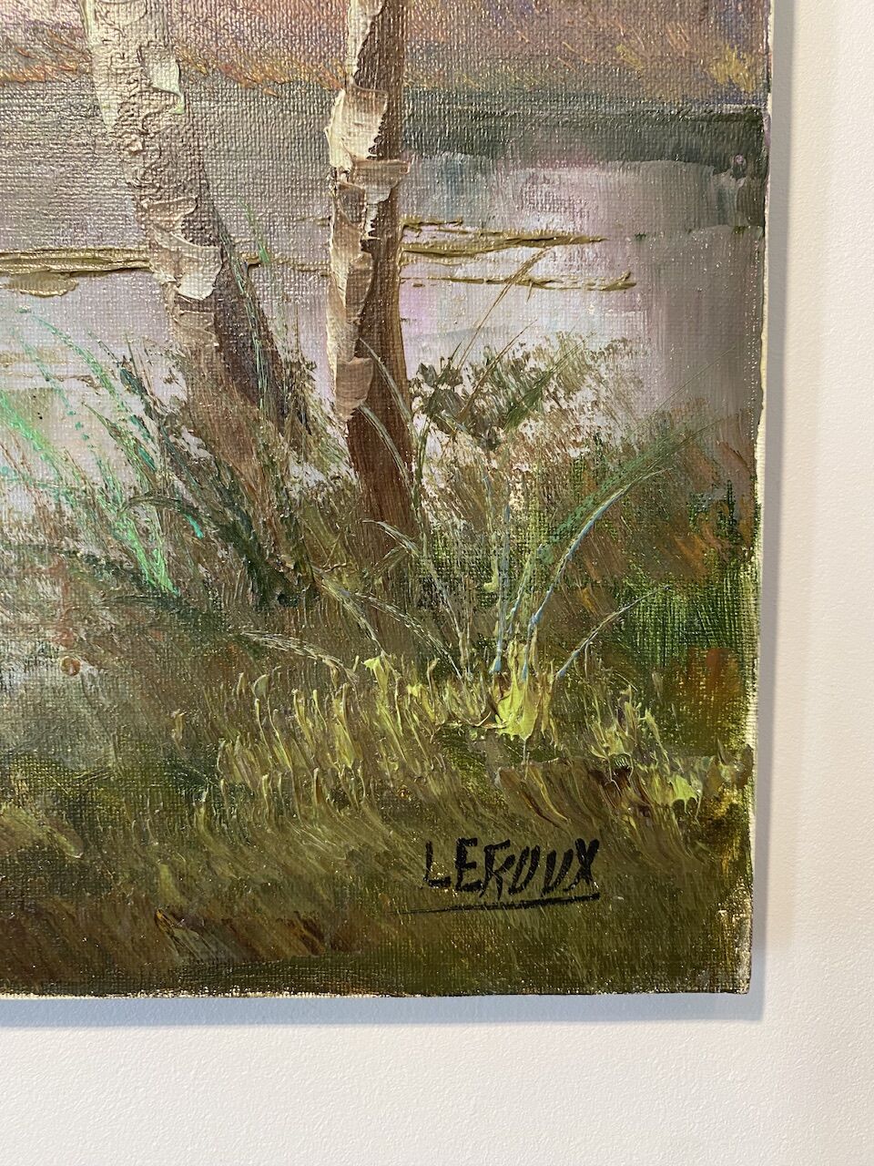Old painting, landscape at the pond, signed Leroux, XX century