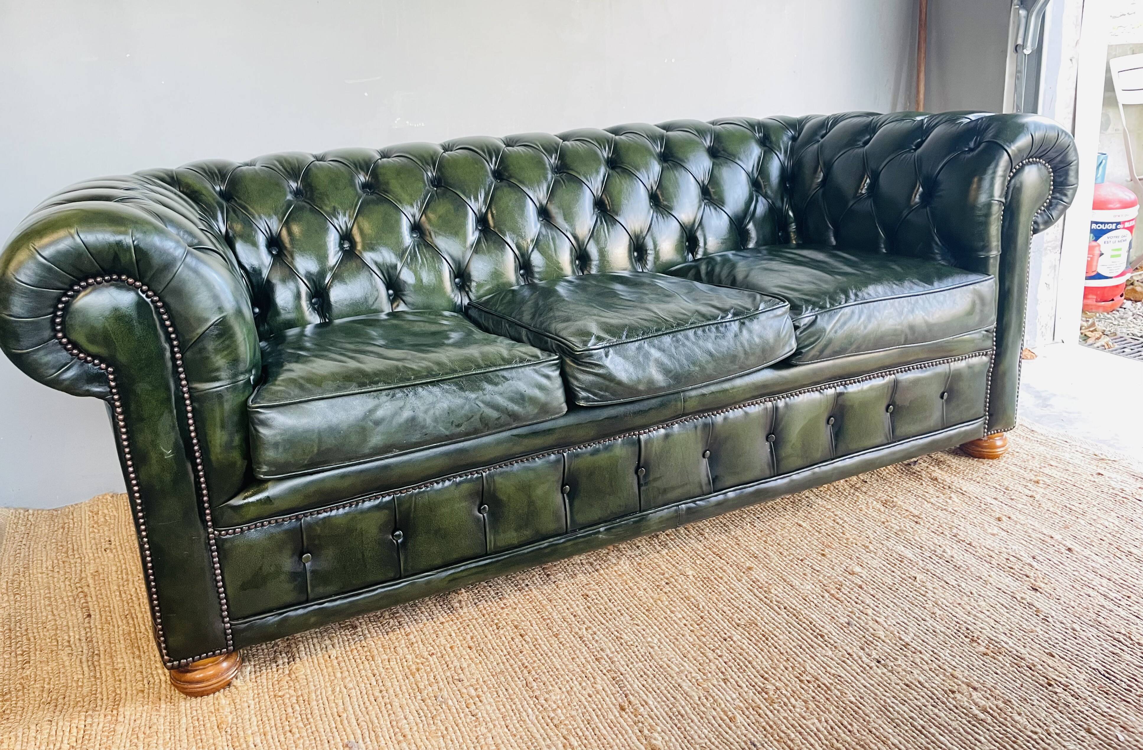 Chesterfield 3 seater sofa in English green leather