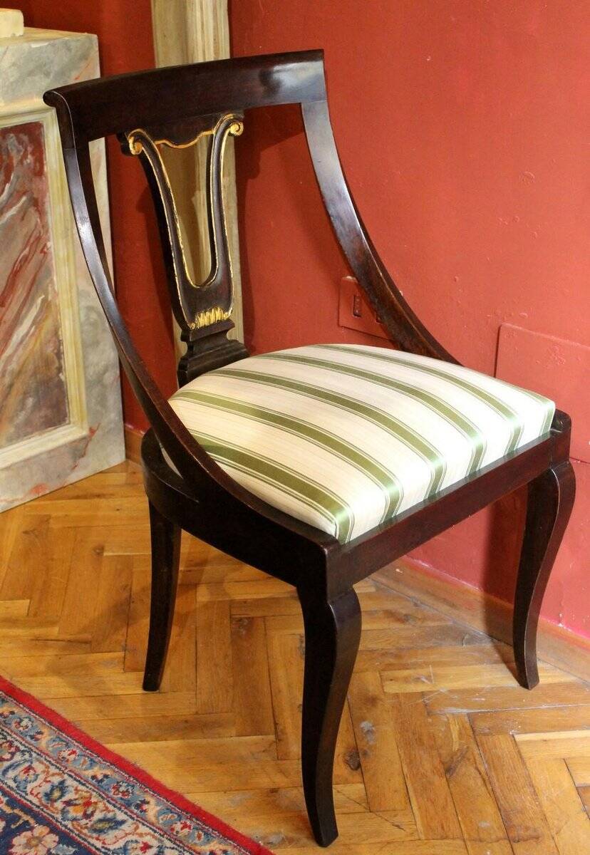 18th Century French Directoire Mahogany Chairs with Silk Blend Upholster Fabric, Set of 4