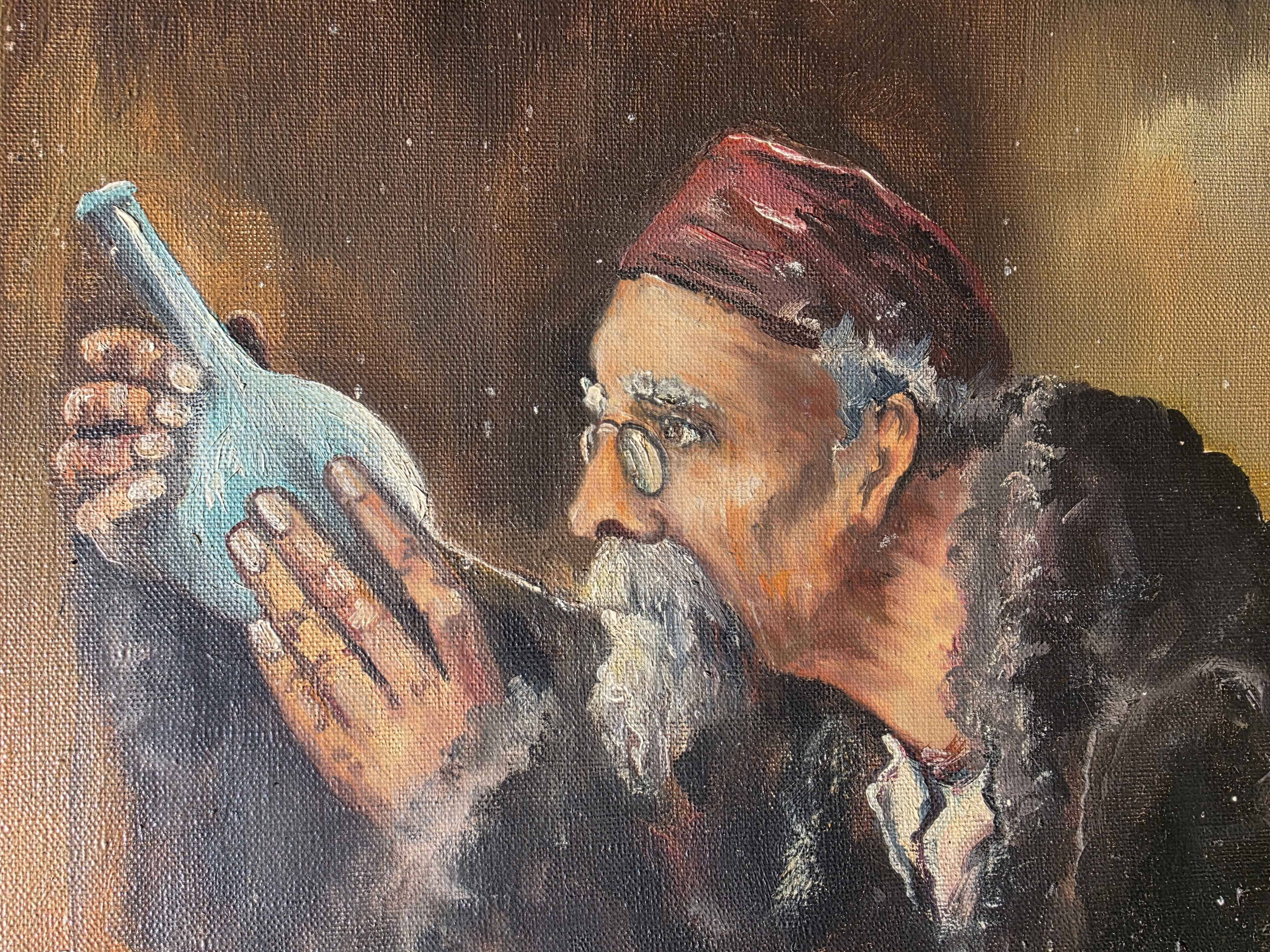 Vintage Mid-Century Alchemist Oil Painting