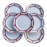 7 flat plates in white and red burgundy porcelain vintage Badonviller model Louise