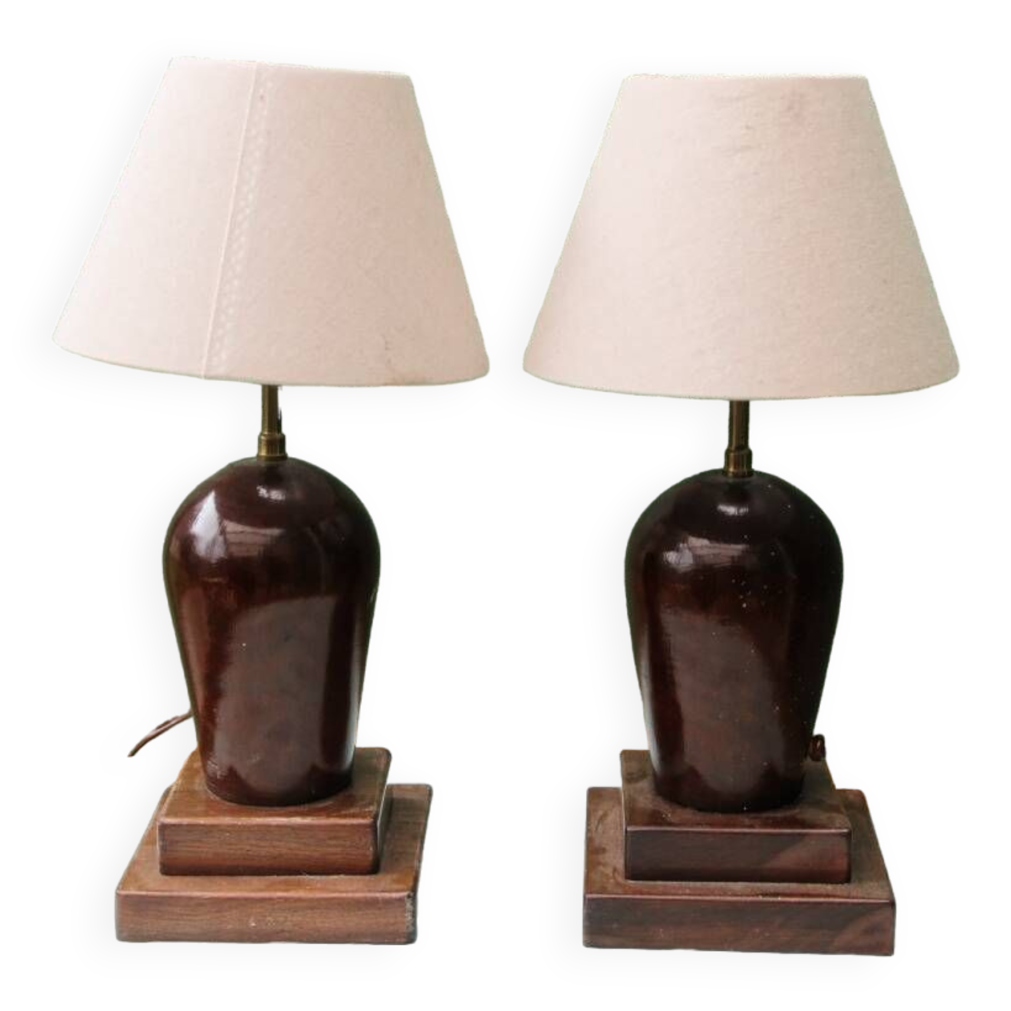 Pair of turned wooden bedside lamps