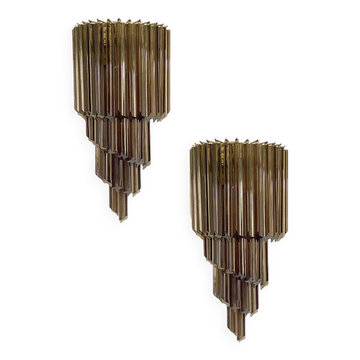 Set of Two Venetian Fumè "Quadriedro" Murano Glass Wall Sconces