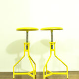 Pair of yellow lacquered metal stools, Restaurati, Italy 70's