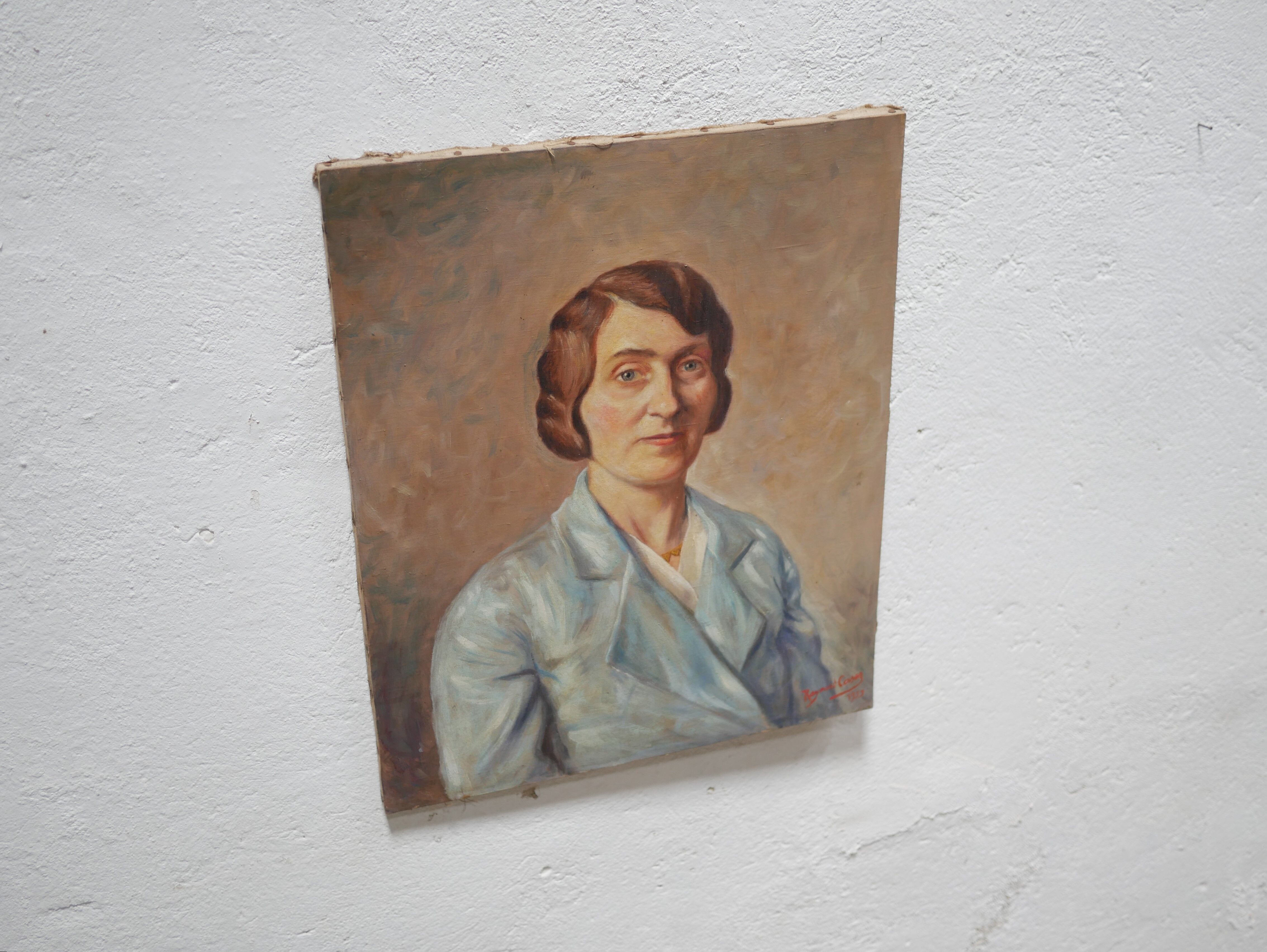 Portrait painting, Painting on old canvas signed Raymond Casez