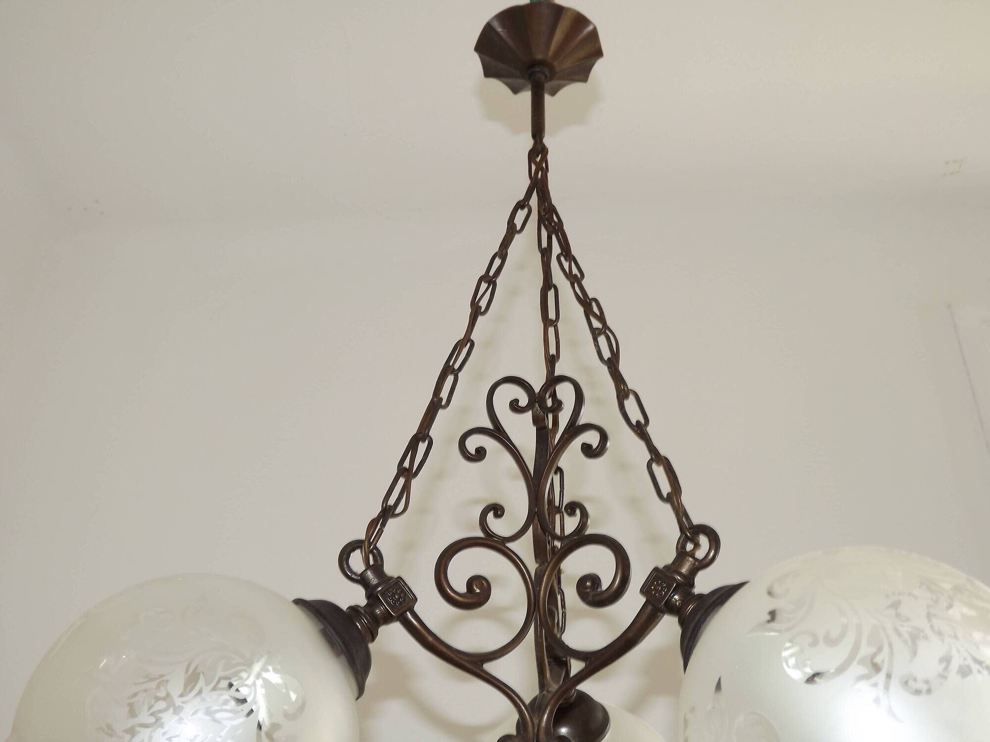 French Vintage 3 Light Bronze Effect Chandelier - Opaque Glass Ball Shades