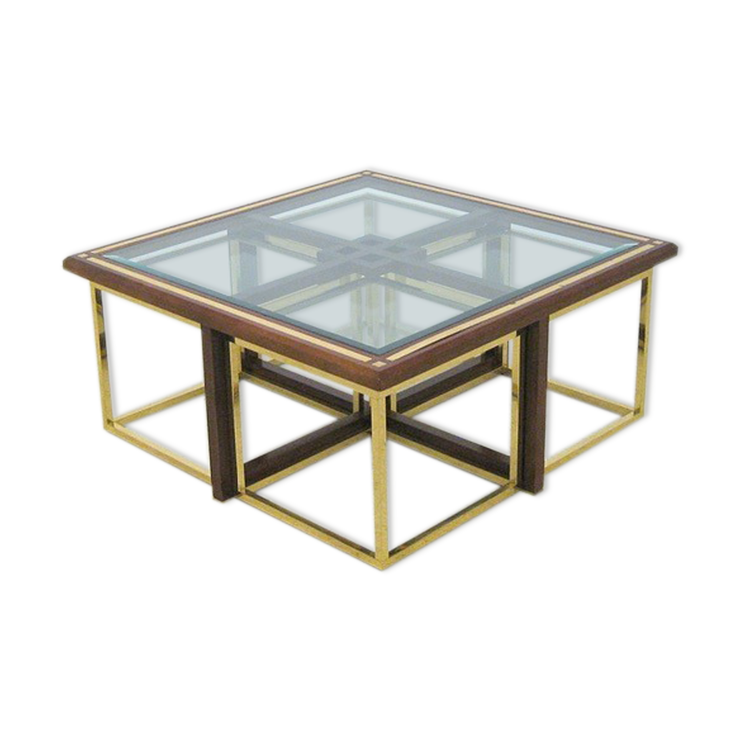 Coffee table with 4 pieces of wooden sofa and gilded brass