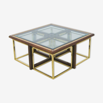 Coffee table with 4 pieces of wooden sofa and gilded brass