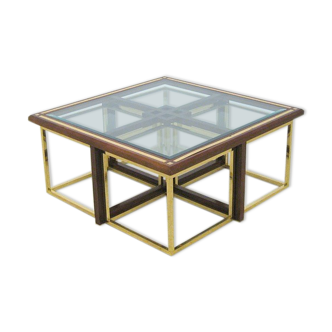 Coffee table with 4 pieces of wooden sofa and gilded brass