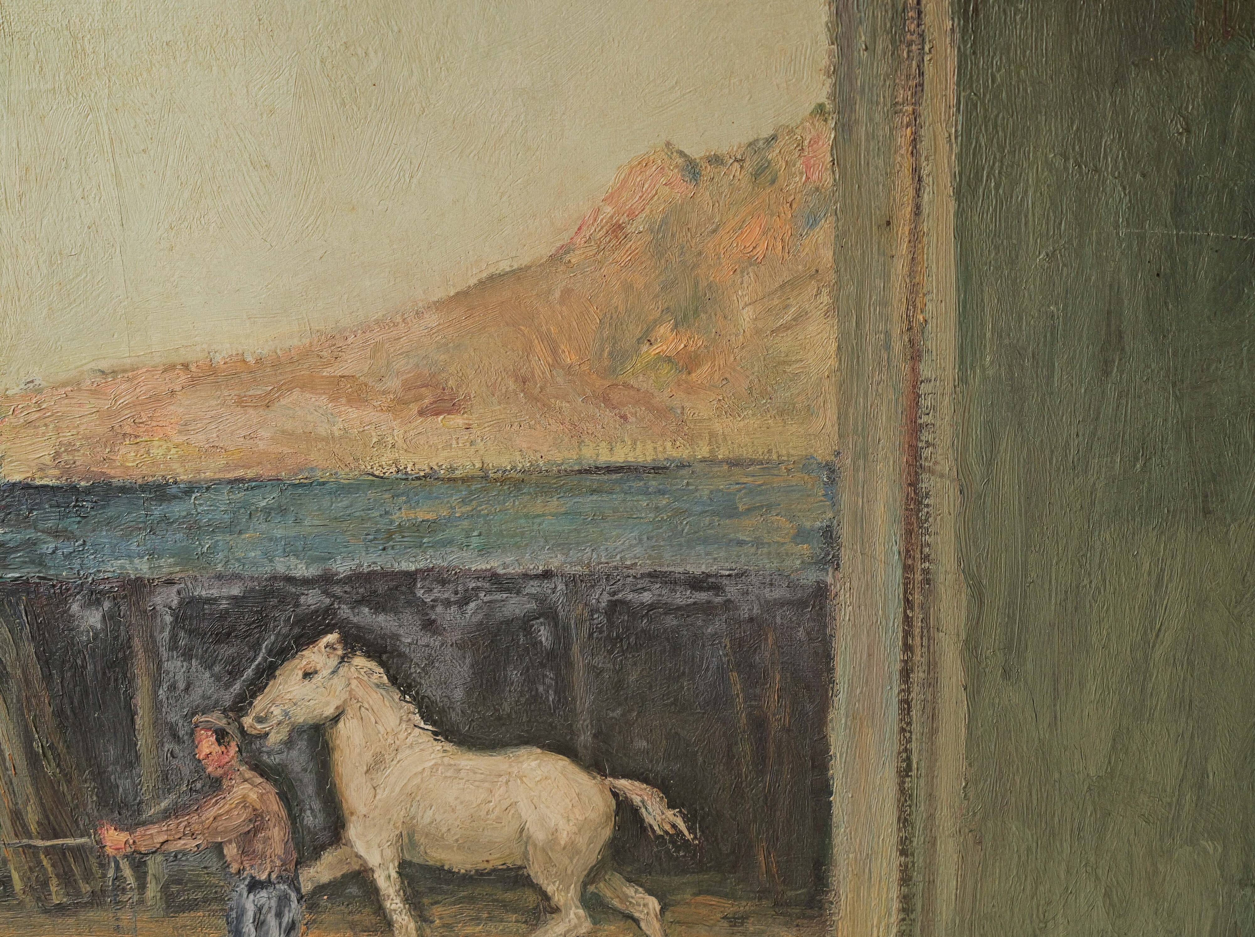 Oil on canvas, horse training, signed, circa 1950