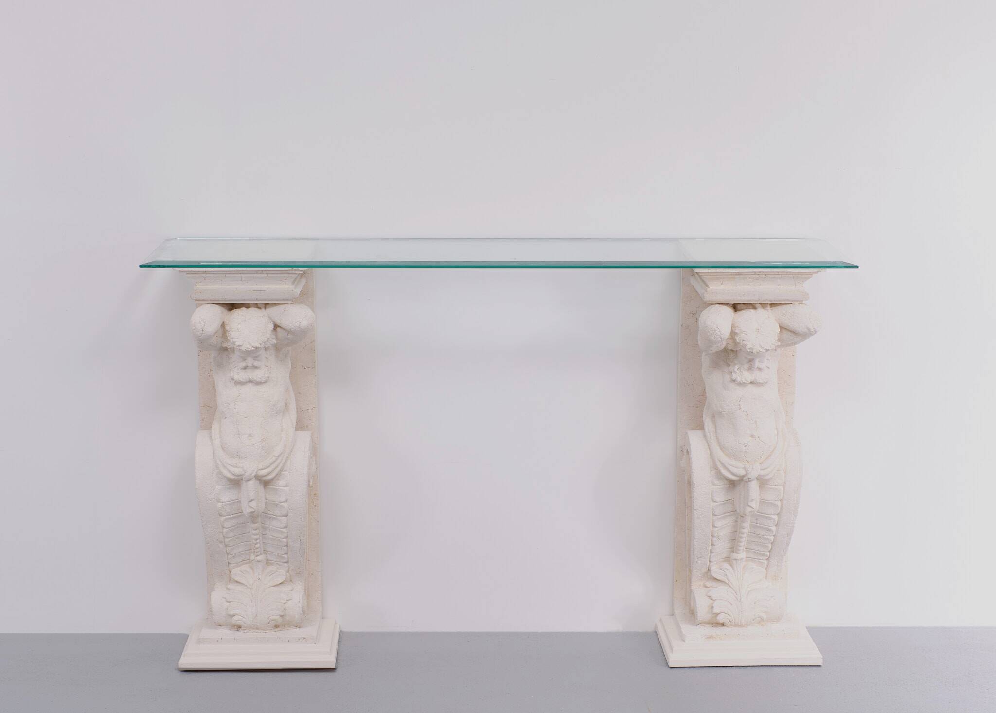 1970s Classic Greek Console Table with Cast Stone and Glass Top