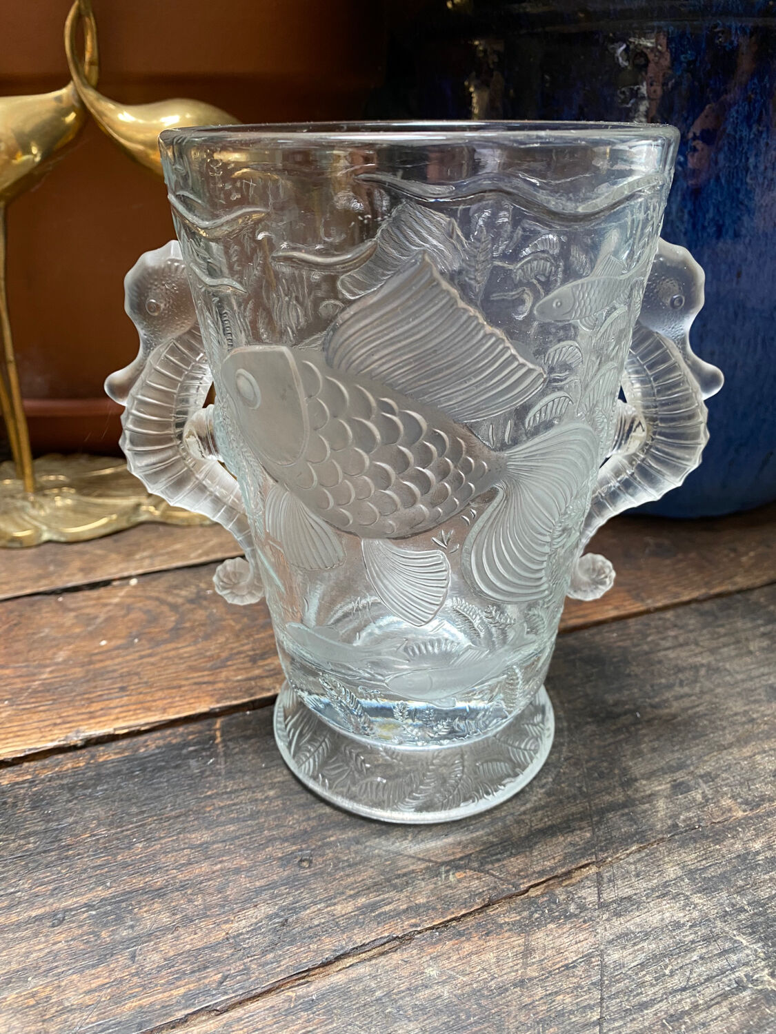 Art Deco crystal vase fish and hypocampes
