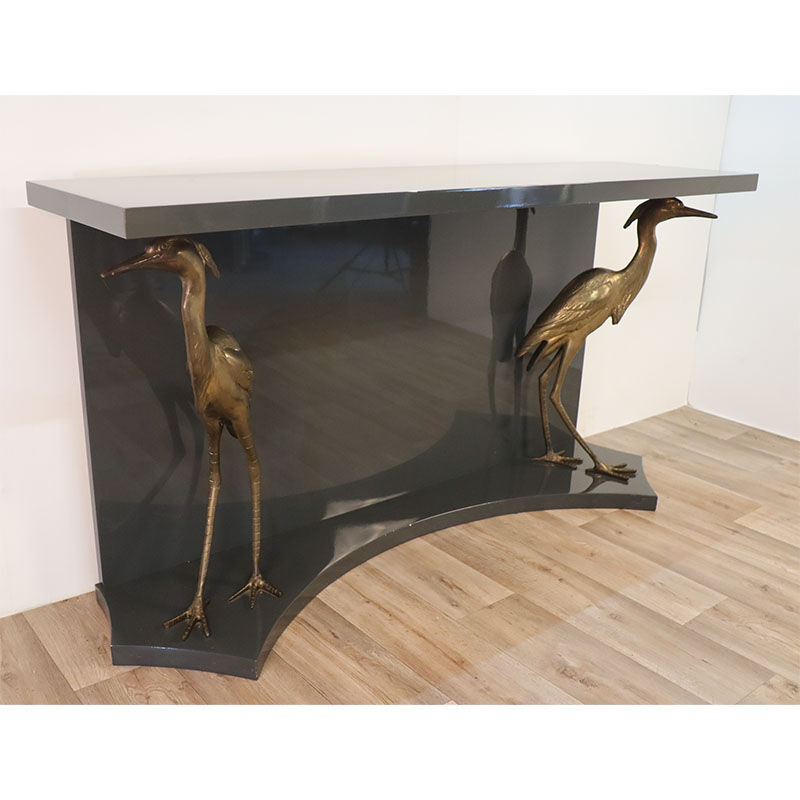 Vintage lacquered wooden console decorated with brass herons 1970