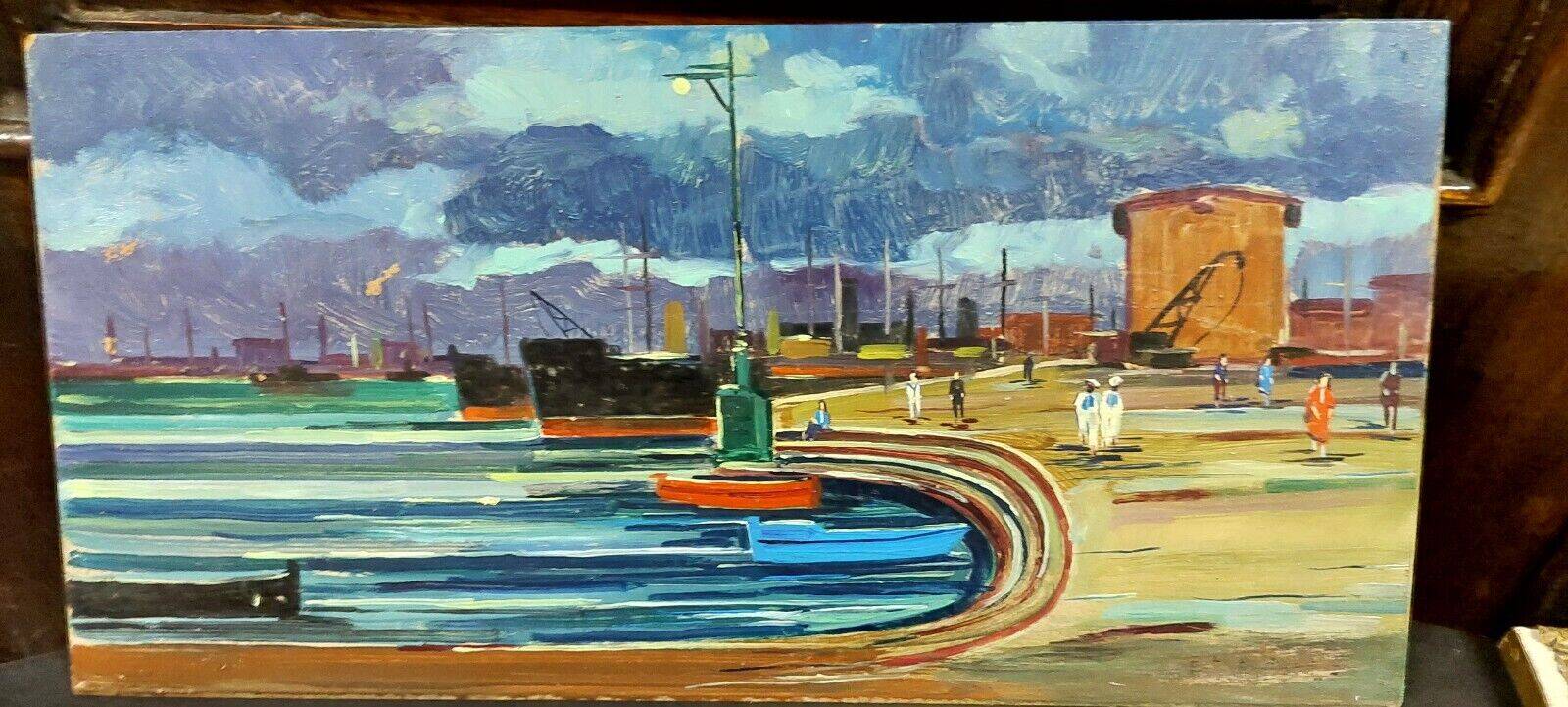 Oil painting Livorno 1975 port boats magnificent