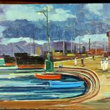 Oil painting Livorno 1975 port boats magnificent