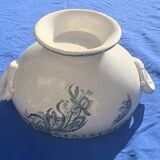 Base de soupière, Saladier ancien,  Terre de fer a motif d’iris bleus, 19eme siècle, collector