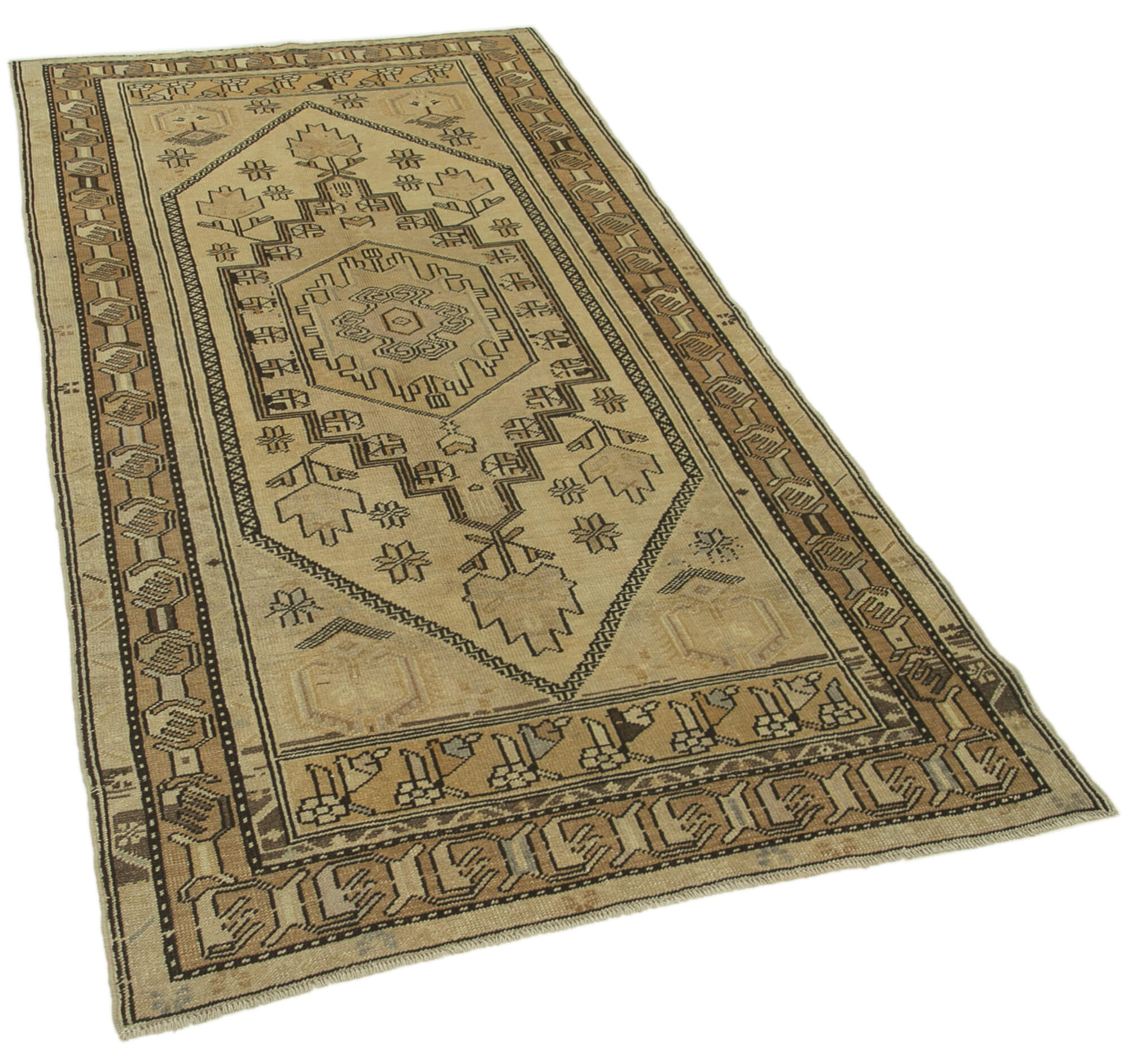 1960s Handmade Rustic Oriental Beige Carpet 115 cm x 222 cm