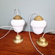 Pair of Art Deco pendant lights in pressed white opaline glass, 1920-30