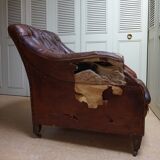 Worn Leather Buttoned Library Fireside Armchair, 1840's
