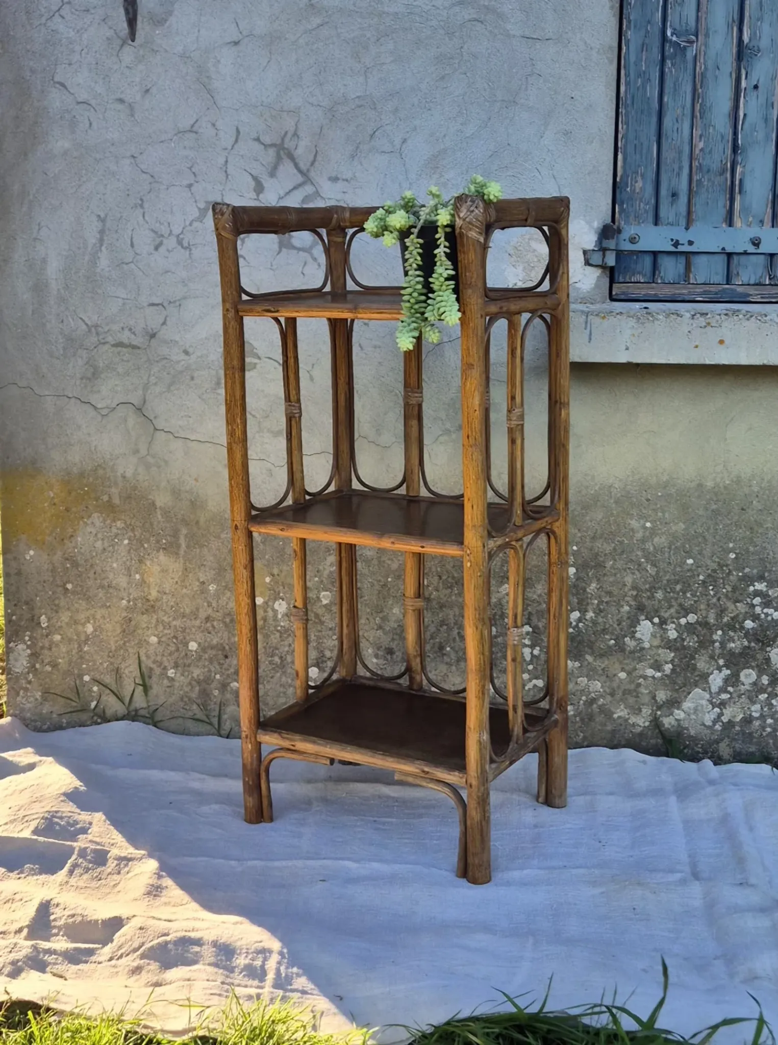 Set of 2 vintage bamboo rattan bedside shelves