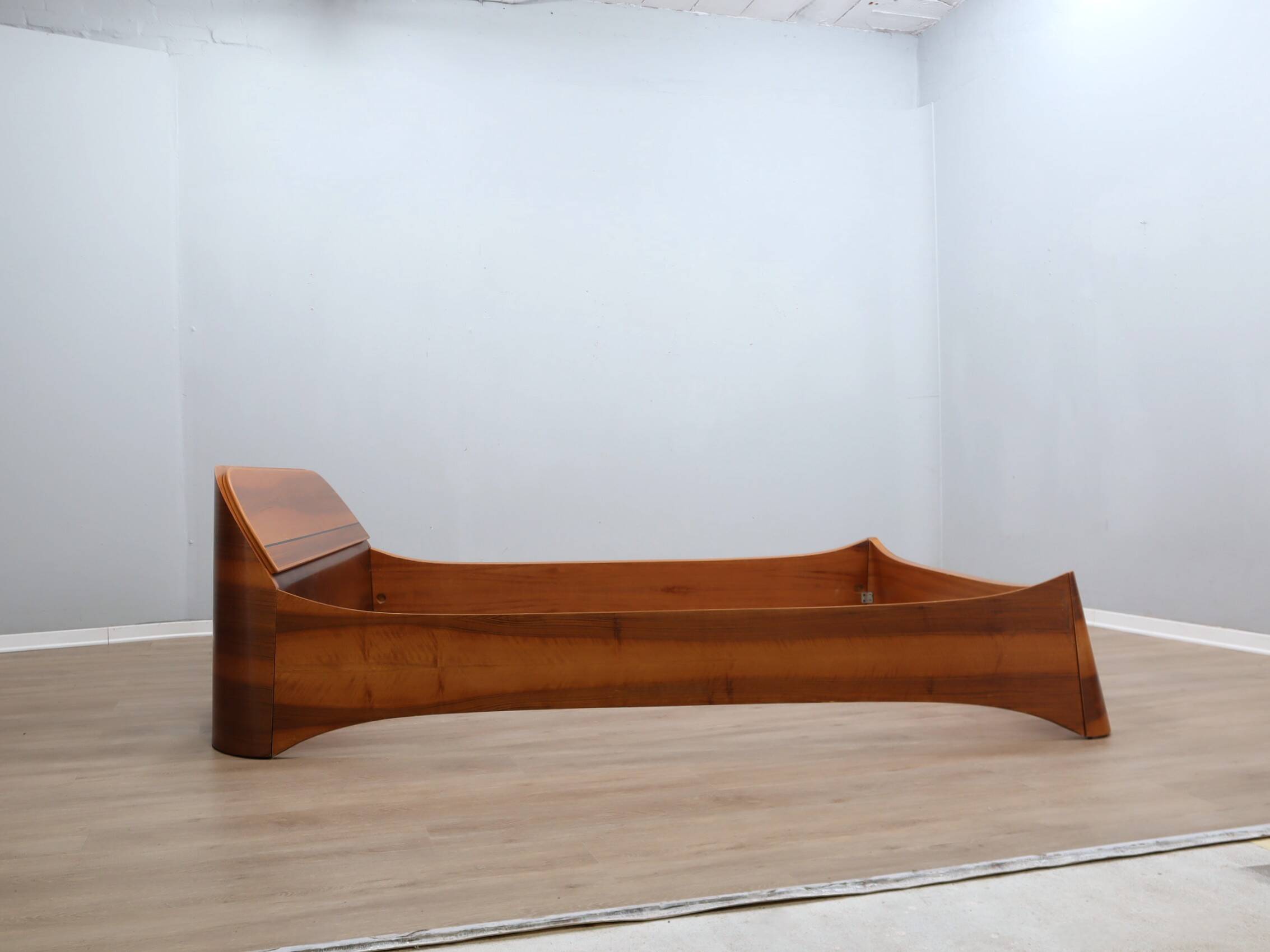 Italian 1970s Curved Walnut Bed Frame with Storage Headboard