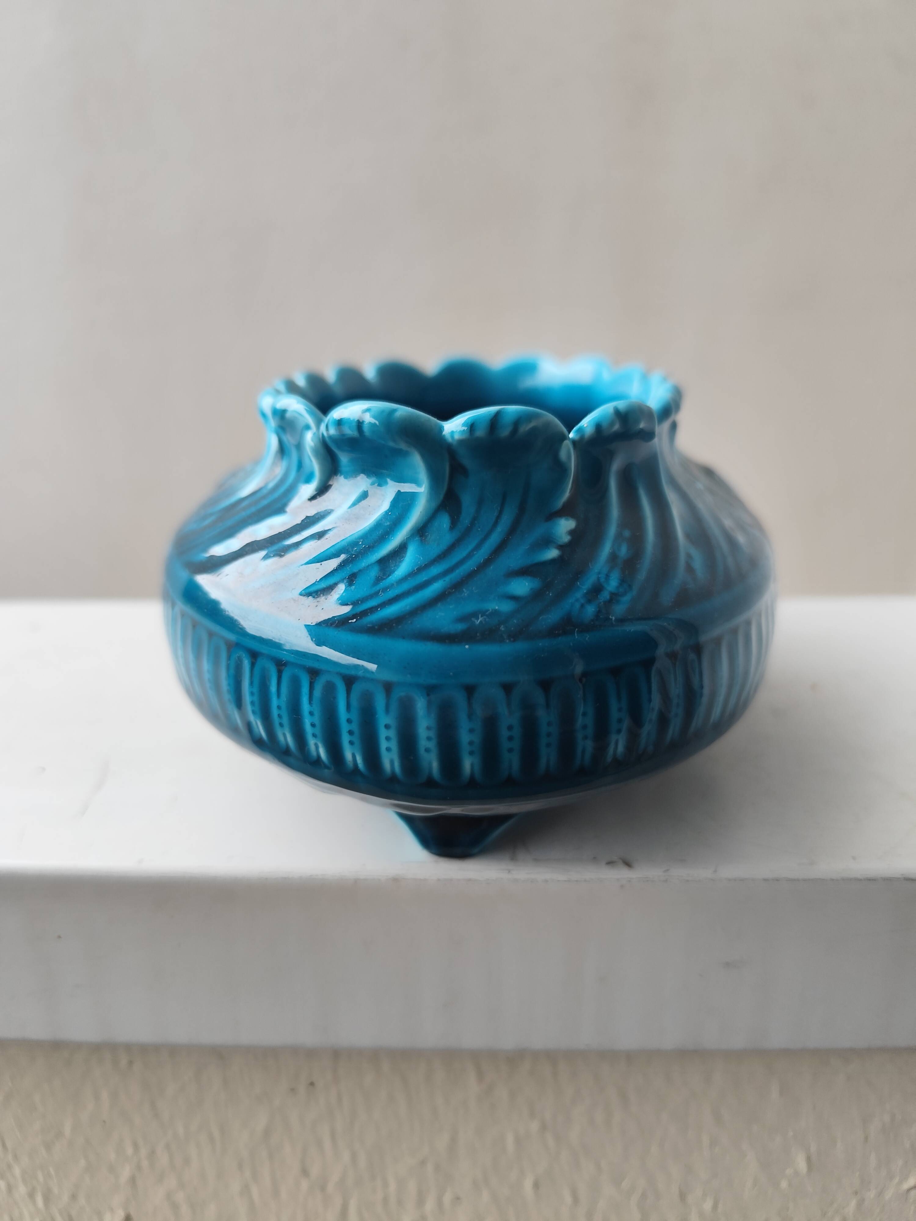 Blue glazed ceramic vase and pocket planter by Théodore Deck.