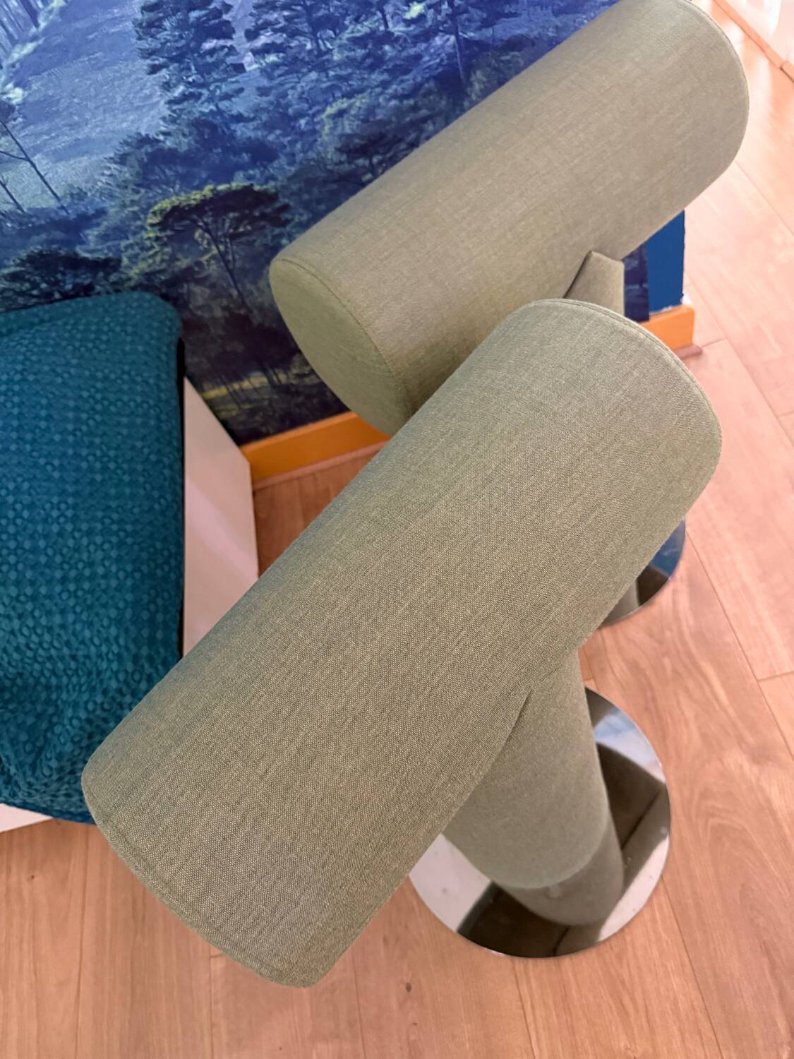 Pair of green Mister T Materia stools – like new