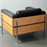 Robin Day armchair for habitat in black leather, wood and chrome