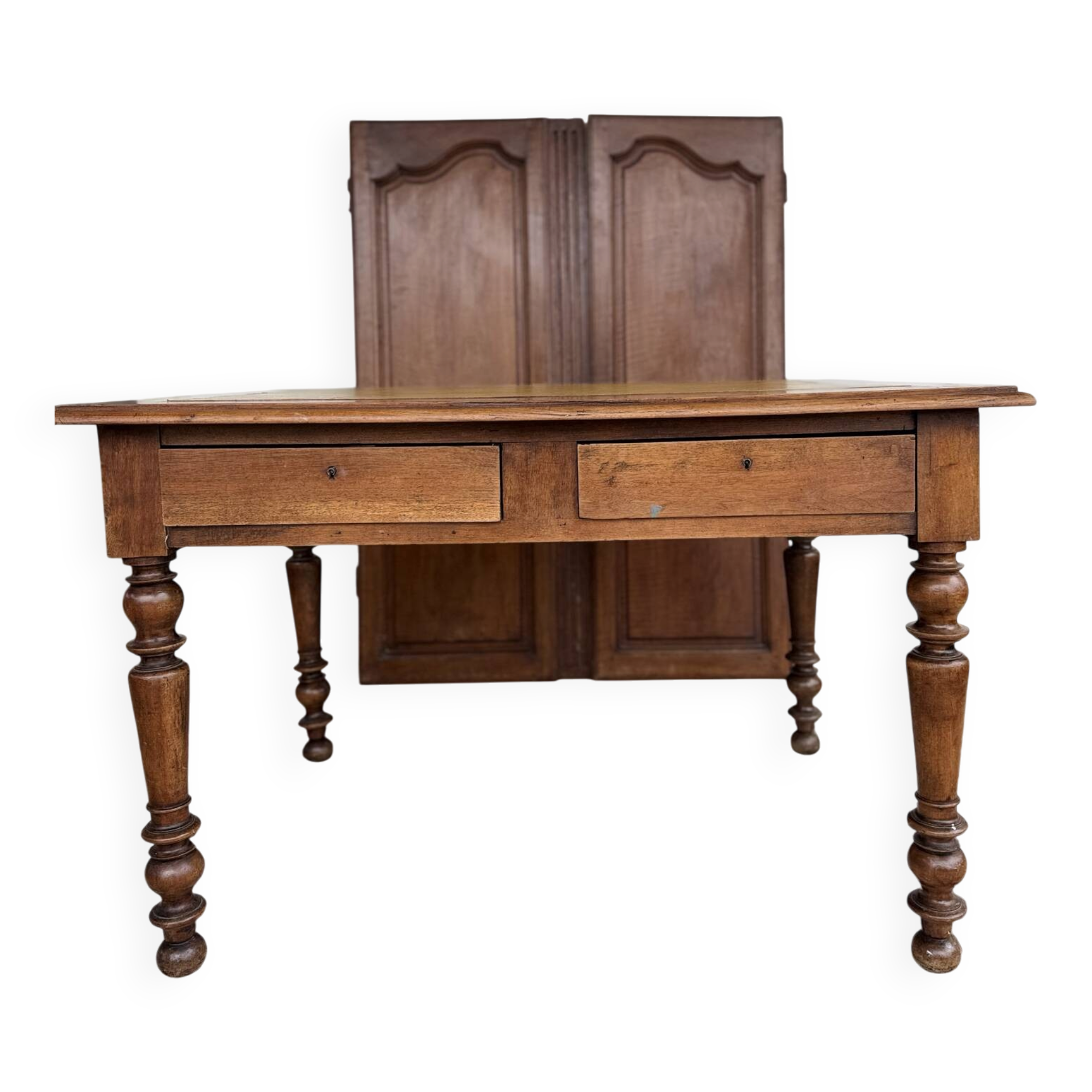 Antique Louis Philippe style desk - mustard yellow leather top