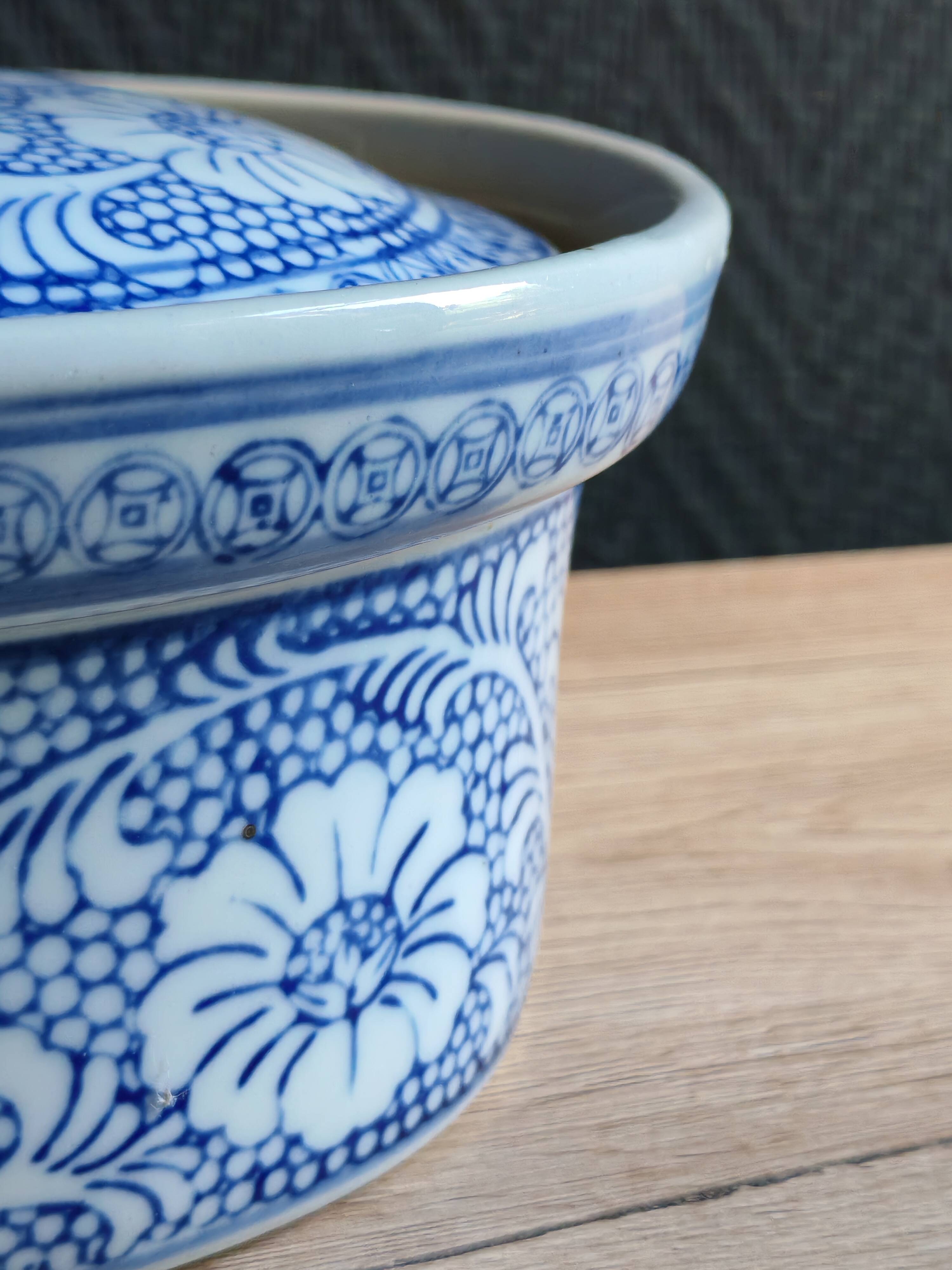 Oval Vintage Terrine in Blue and White Porcelain, Casserole with Lid