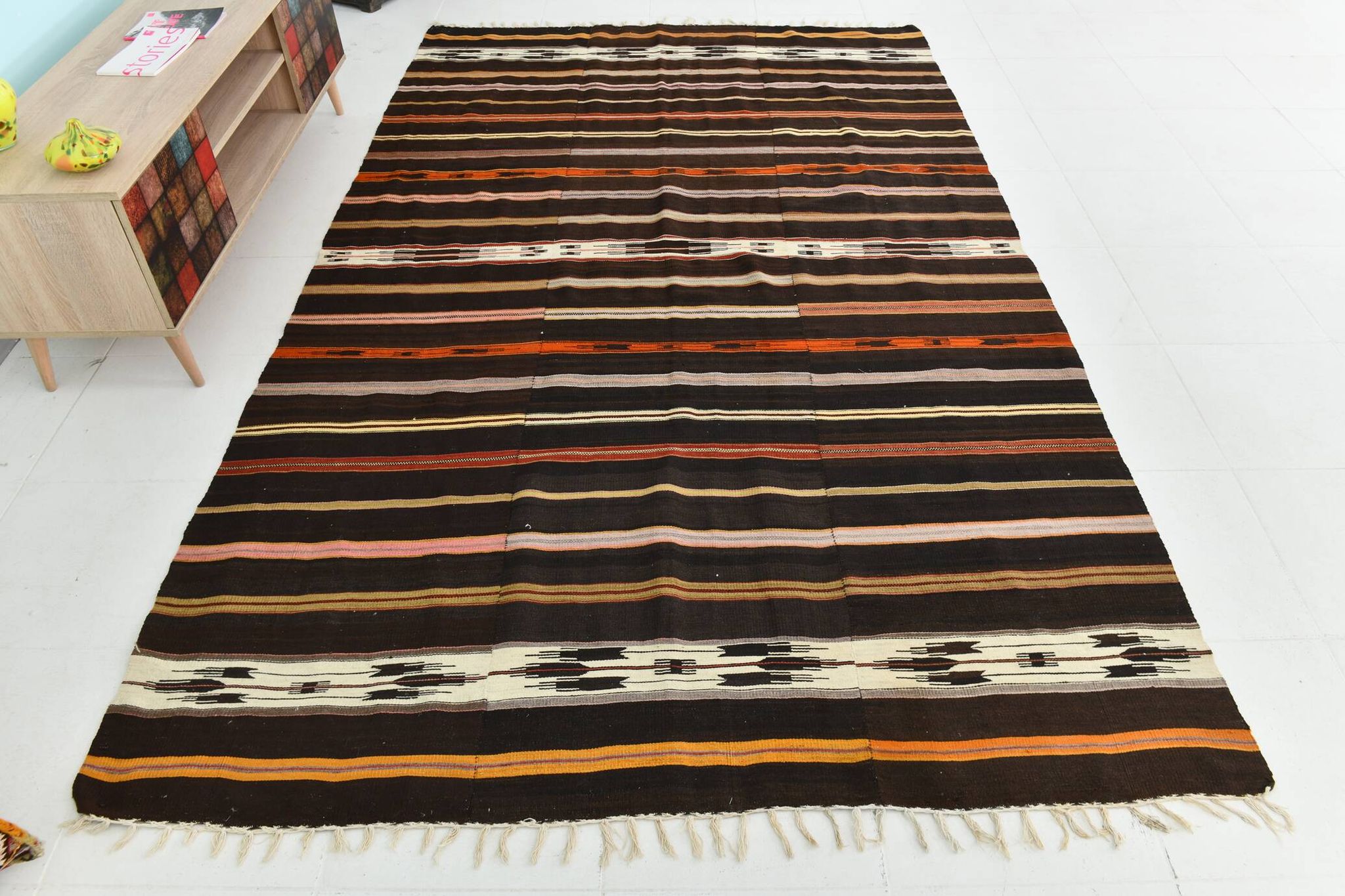 6x10 Dark Brown & Orange Strped Vintage Kilim Rug, 181x305Cm