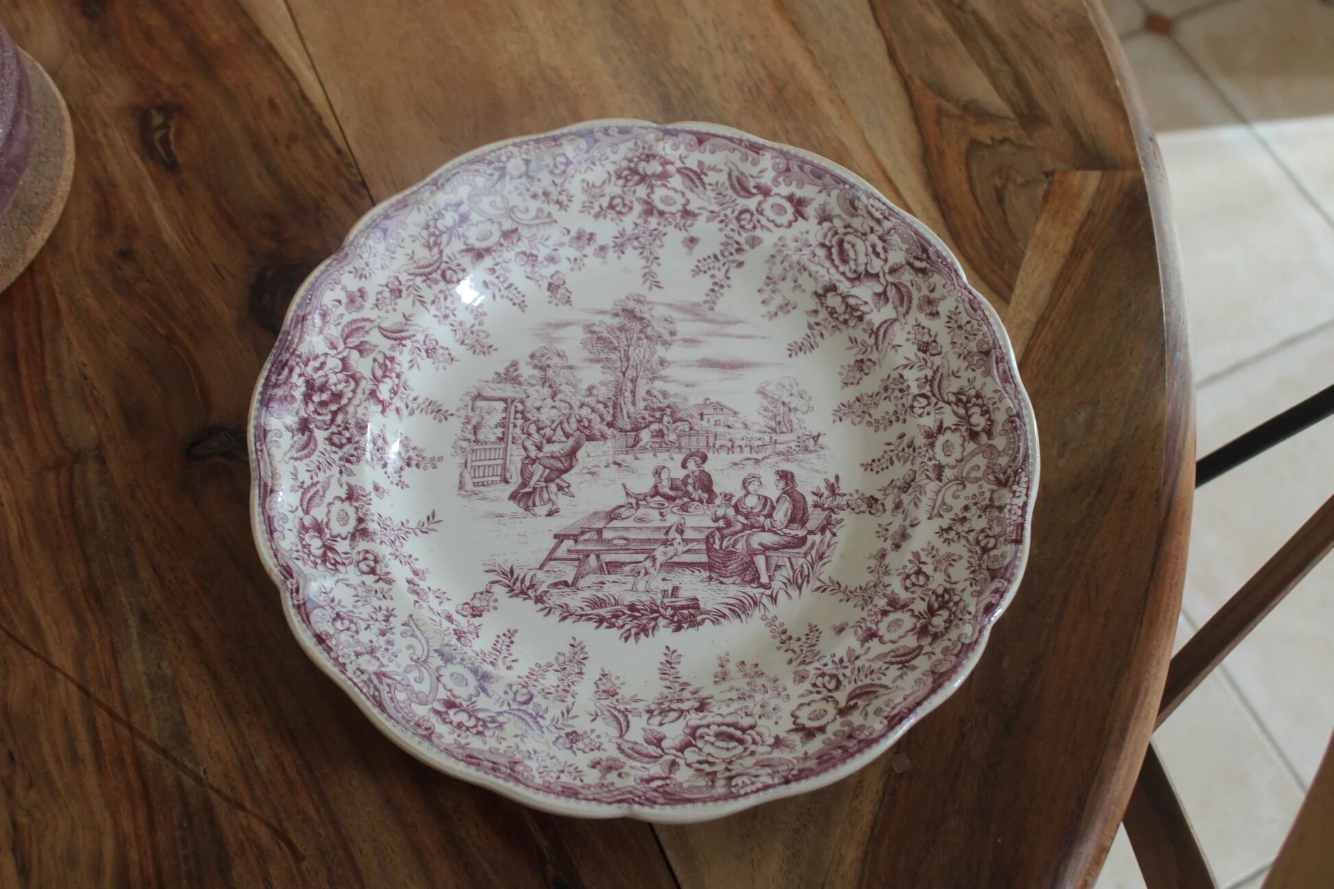 Large vintage shallow dish Lunéville KG – French earthenware, purple country decor – 30 cm