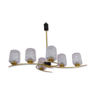 Lustre en laiton du milieu du siècle à 6 lumières avec abat-jour en verre, lampe suspendue vintage