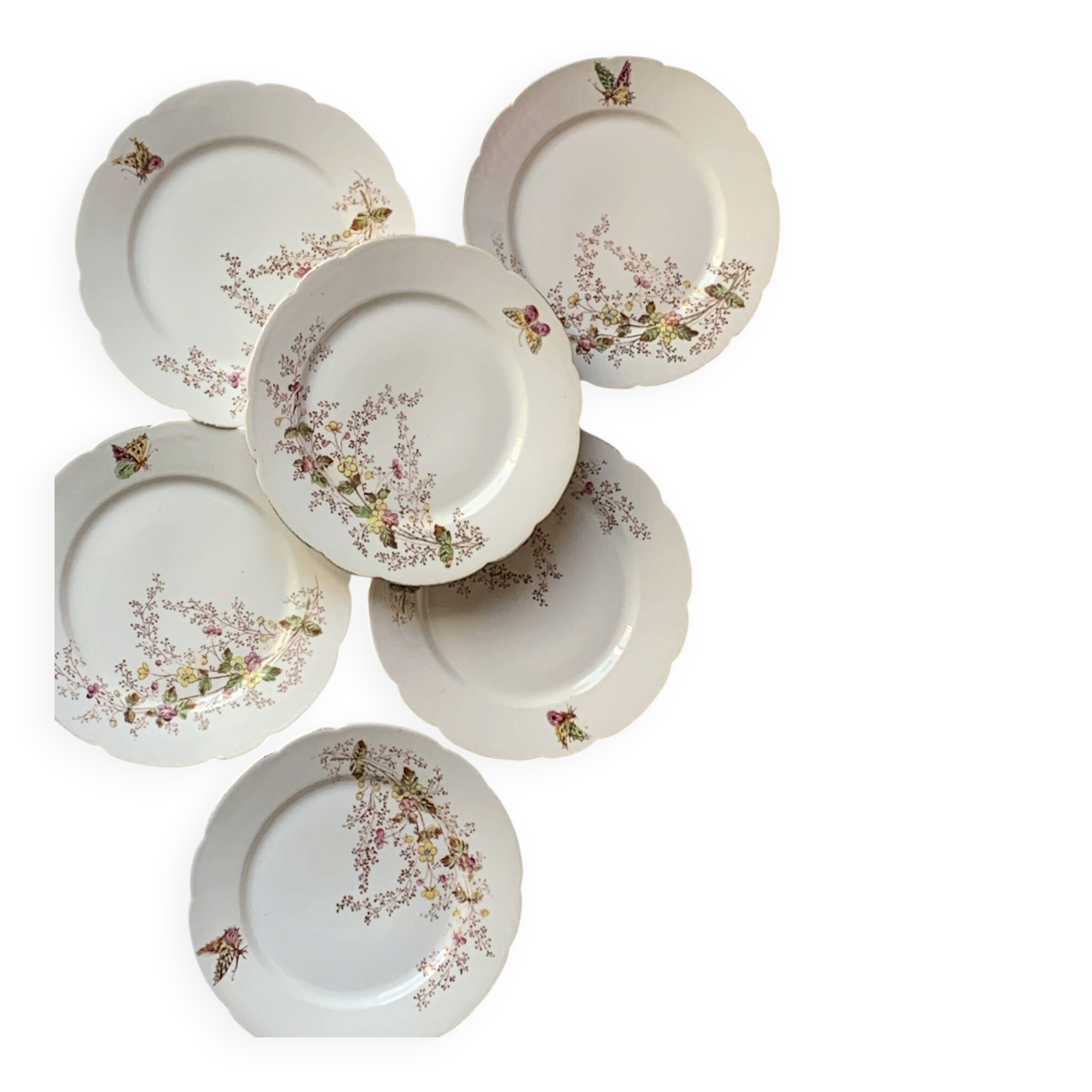 Six assiettes à entrée 1900s fleurs et papillons
