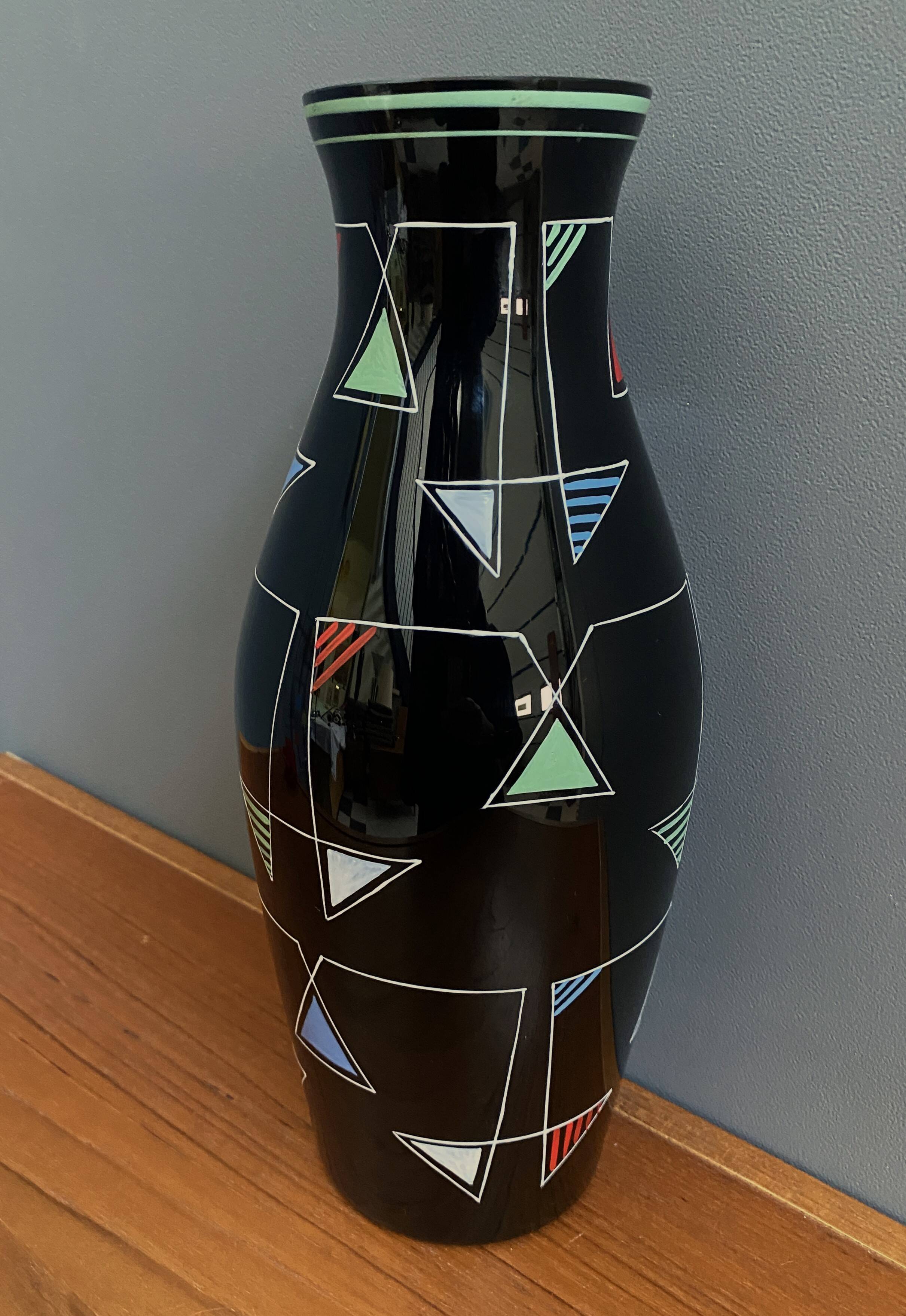 Black Glass vase with enamel decoration by VEB Wasungen 1970s