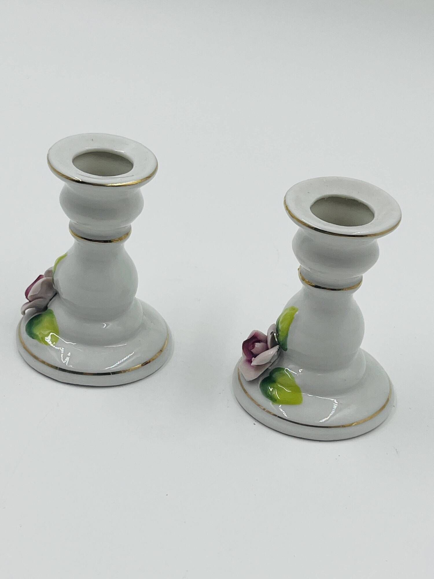 Lot of 2 Vintage Porcelain Candle Holders with Roses