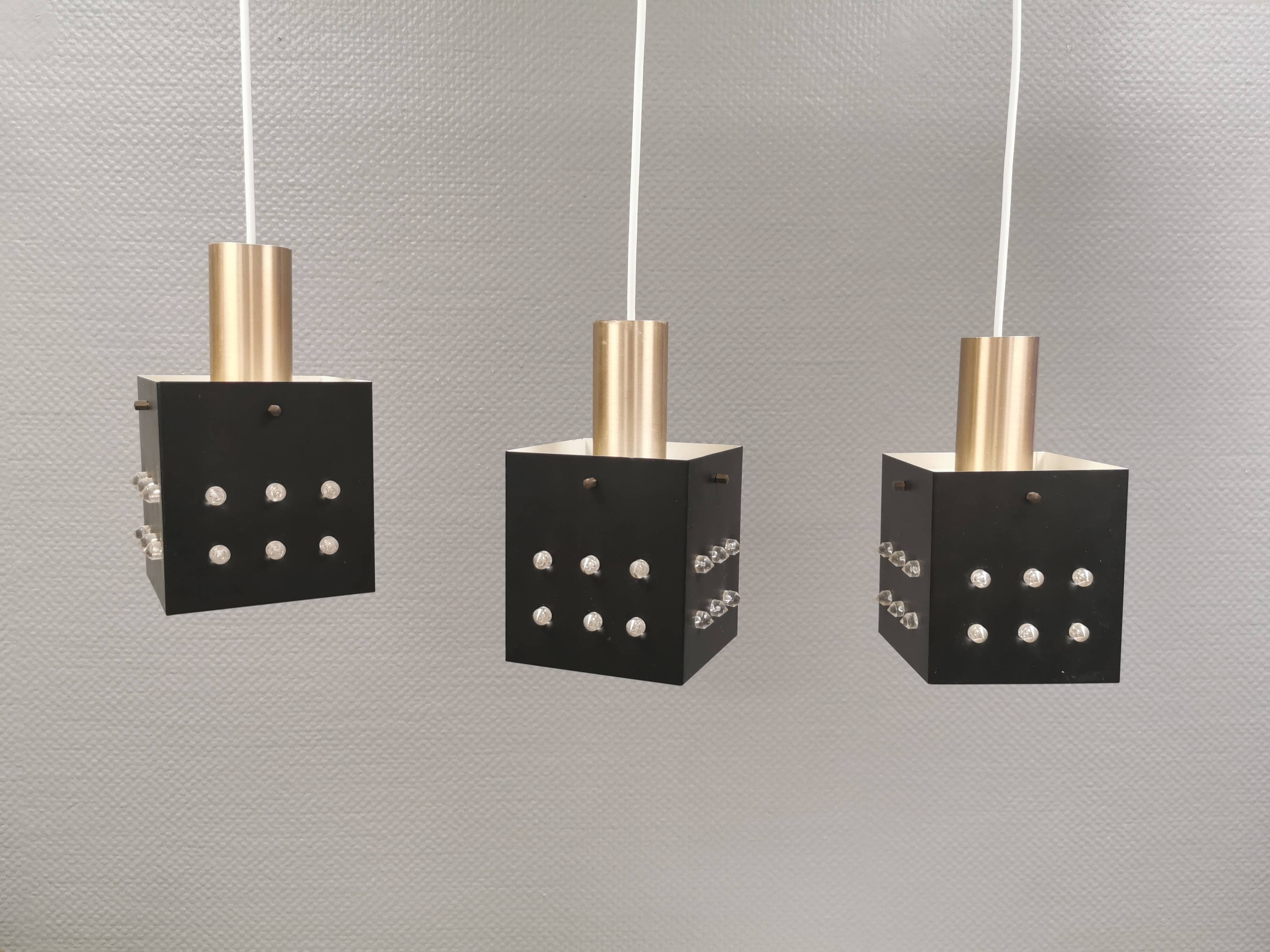Three older square pendant lamps in Space-Age style, Denmark 1980s