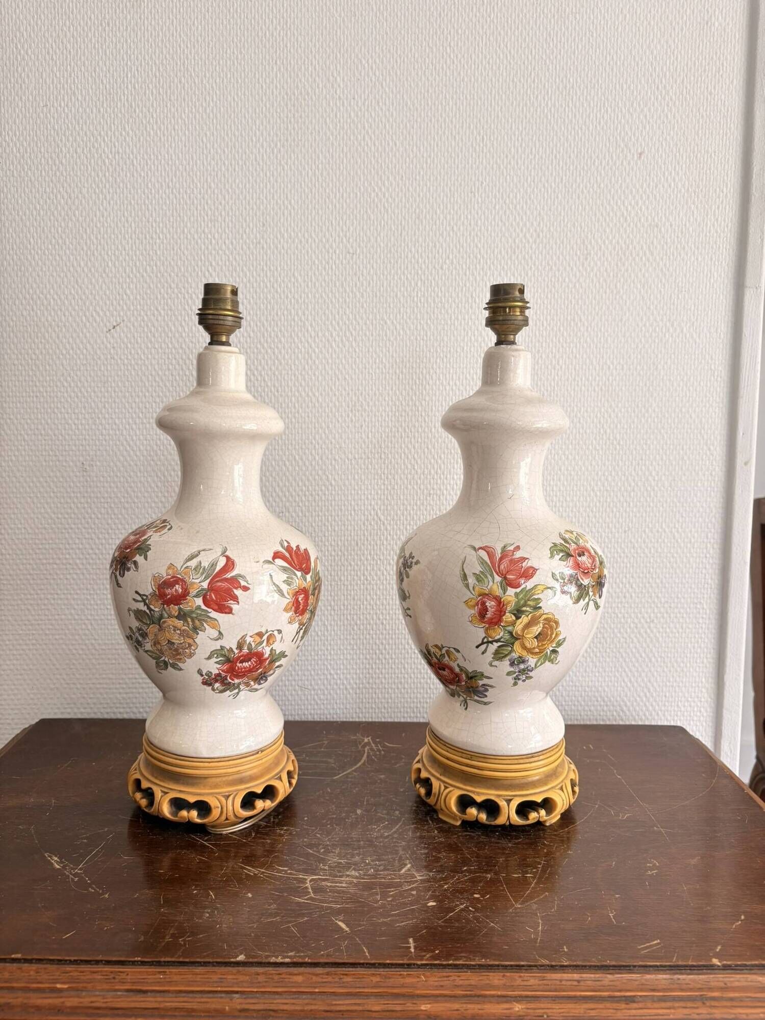 Antique Pair of Ceramic Floral Bulbous Lamps Shabby Chic