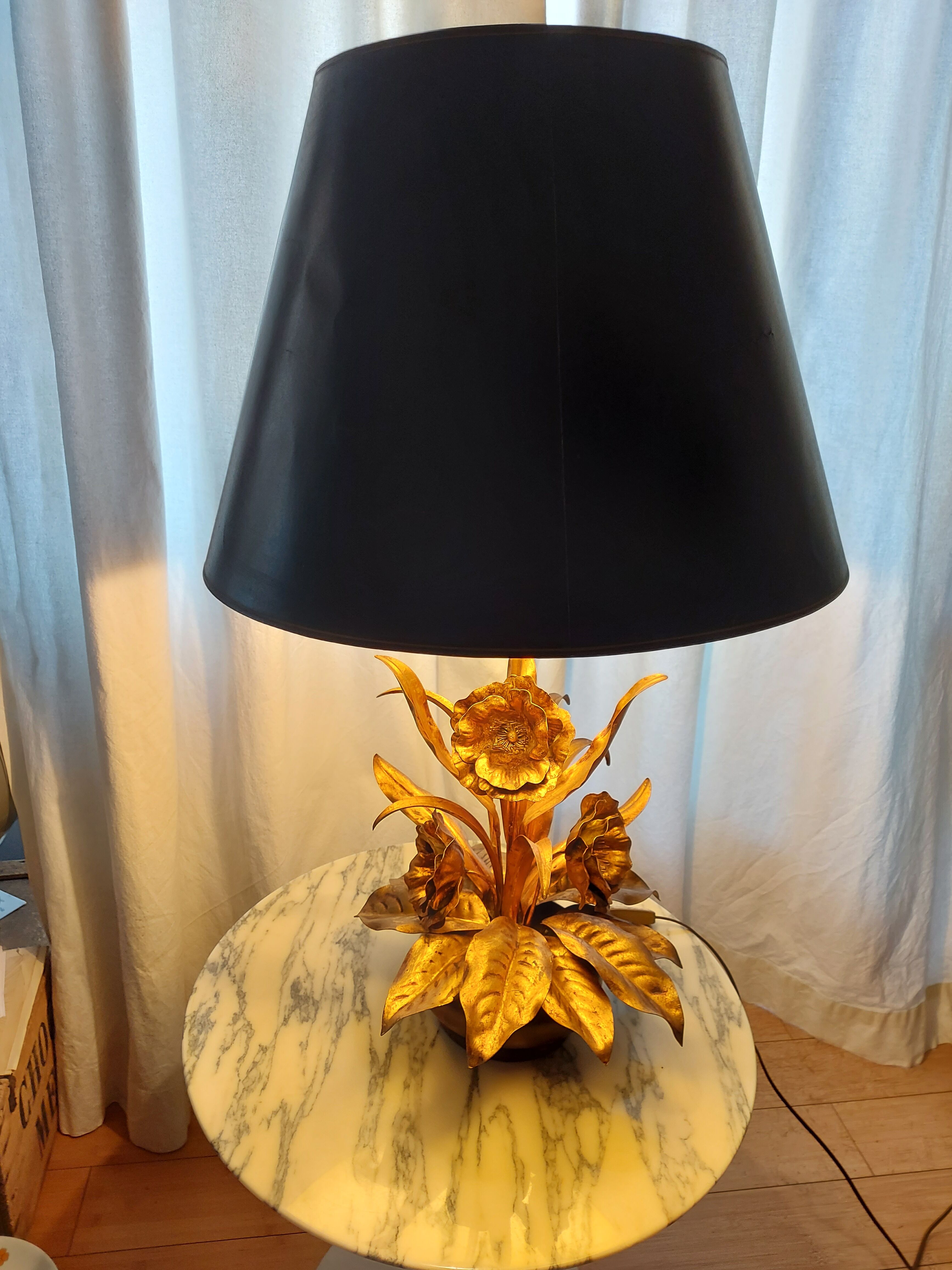 Large lamp, bouquet of vintage anemone flowers, gold metal, Hans Kogl