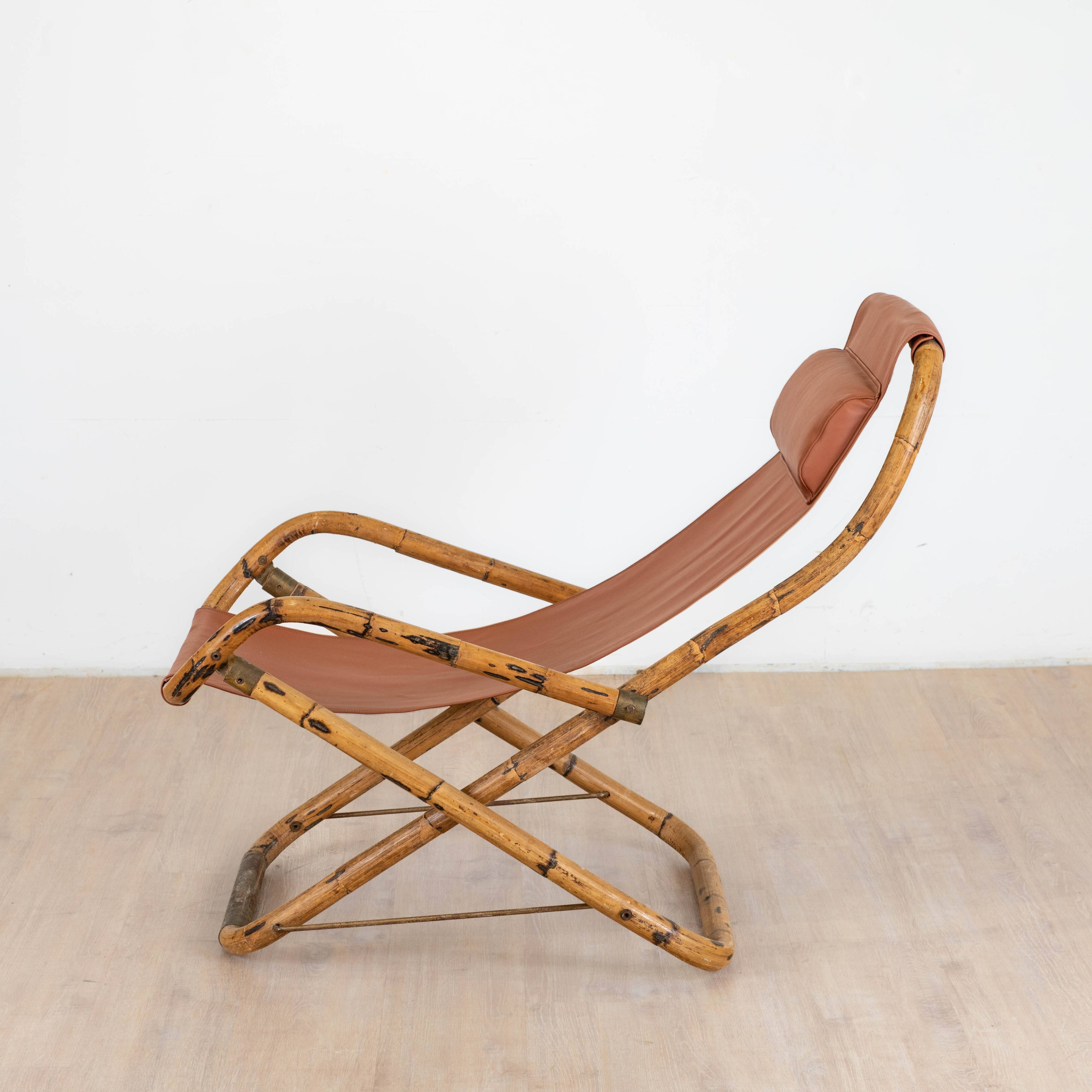 Vintage folding living room leather armchair with bamboo and brass structure, Italy, 1960s