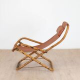 Fauteuil en cuir de salon pliant vintage structure bambou et laiton, Italie, années 1960