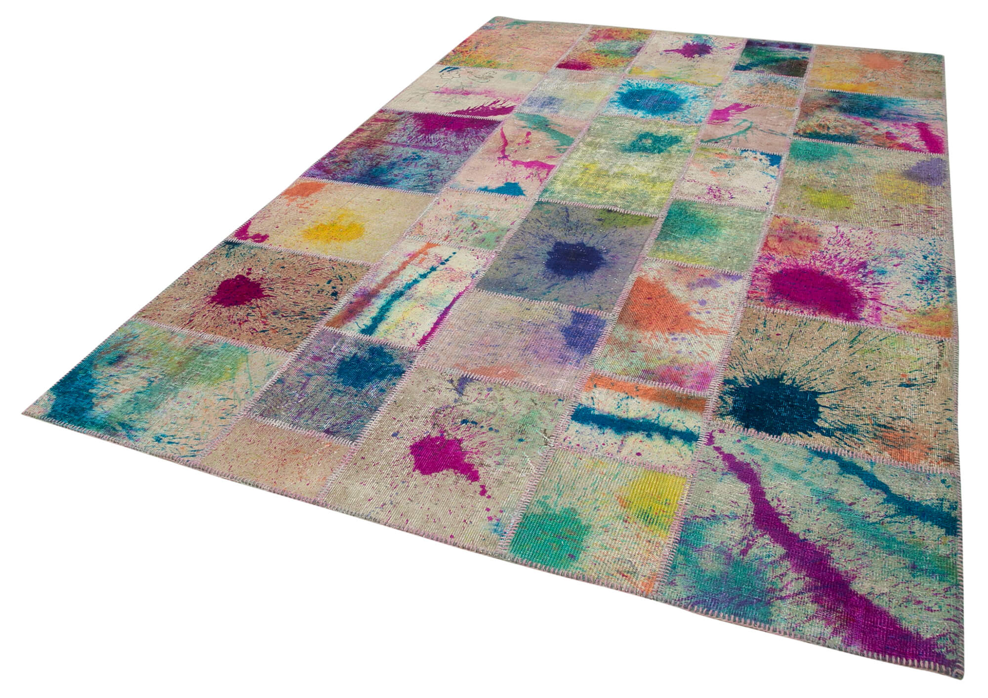 Tapis patchwork multicolore vintage 206 cm x 305 cm fait à la main anatolian vintage