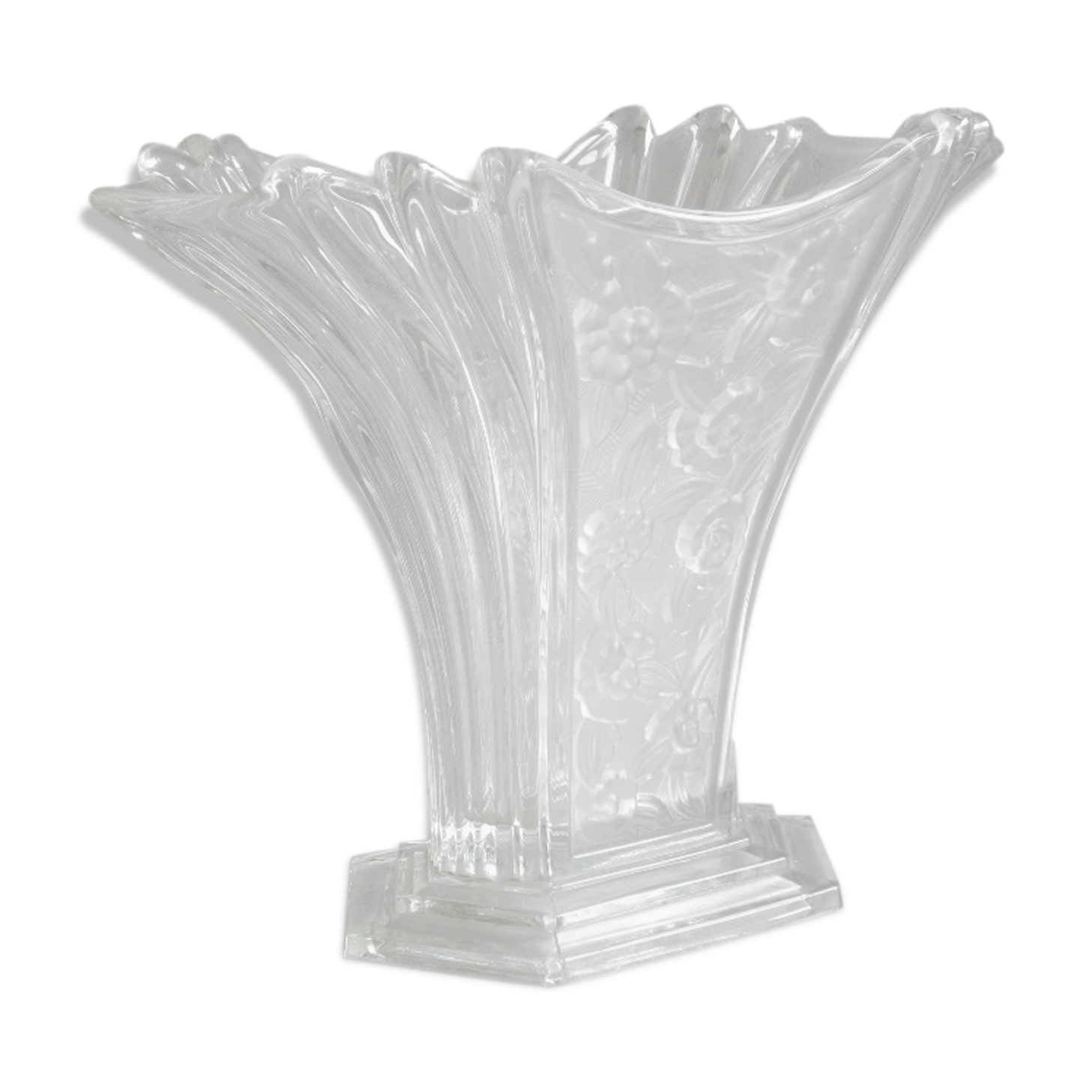 Art deco vase period moulded glass pressed to stylized flower decor