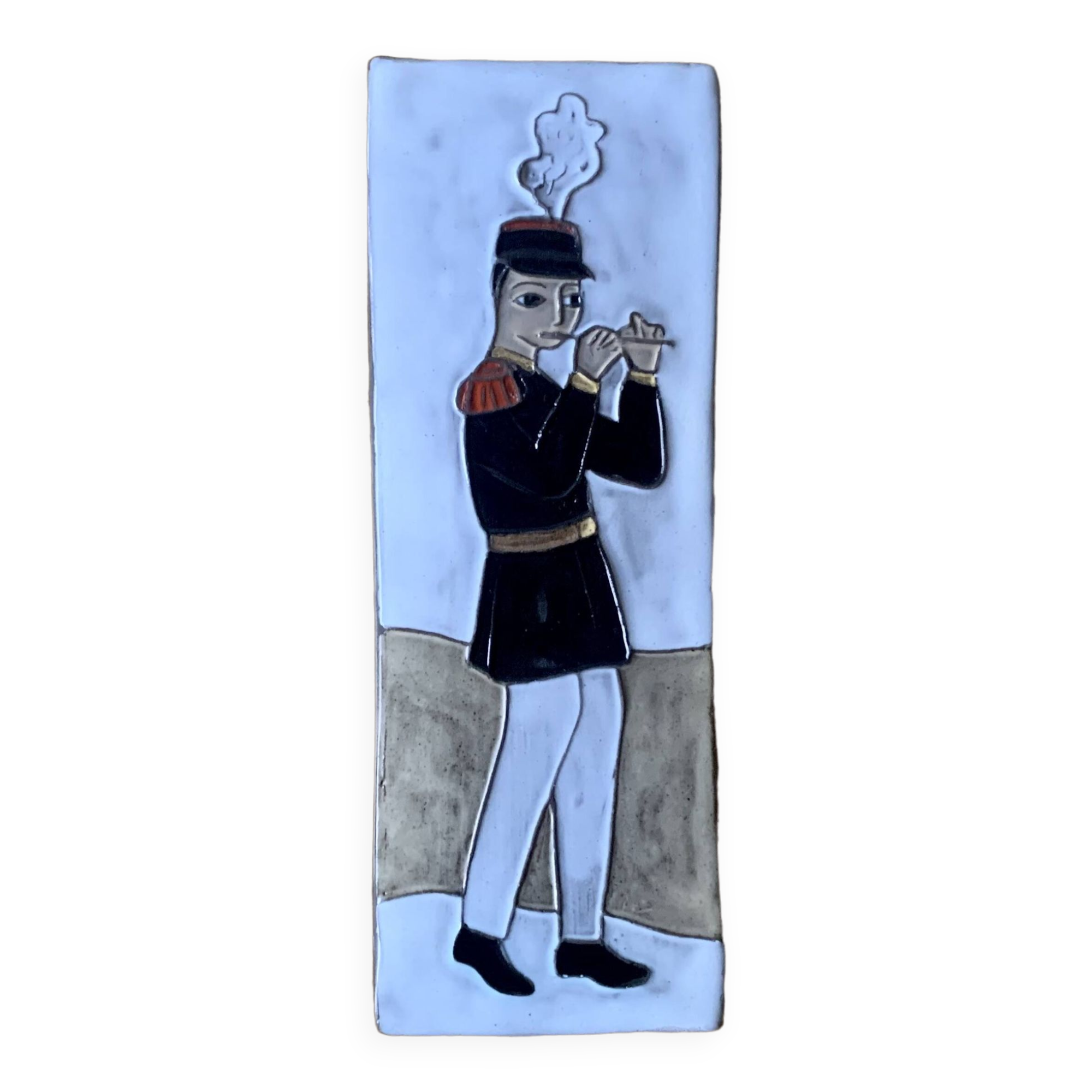 Small vintage enameled ceramic wall plaque - military flautist